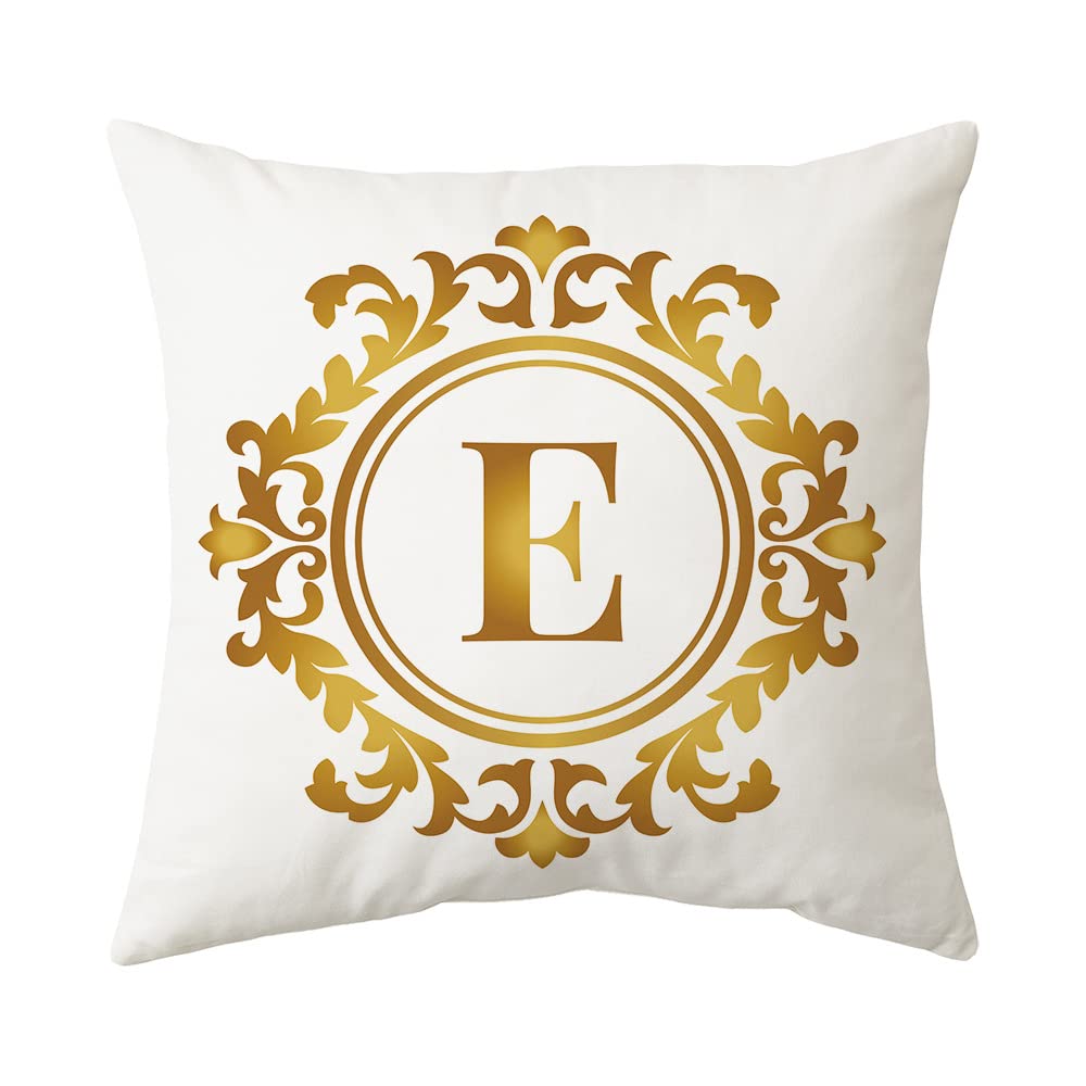 LIGUOGUO 18x18 Inch White & Gold Alphabet E Baroque Throw Pillow Cover - 26 English Letters Decorative Cushion Case with Zipper for Sofa, Bed, Living Room | Minimalist Modern Home Decor for Nursery, Dorm, Office