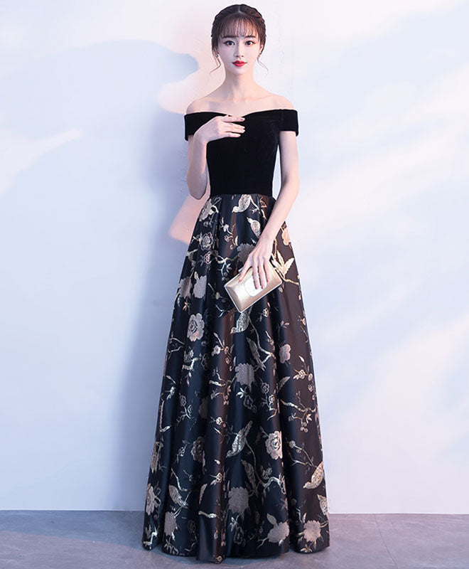 Elegant Black Off Shoulder Floral Long Prom Dress - Formal Evening Gown for Homecoming, Wedding & Special Occasions