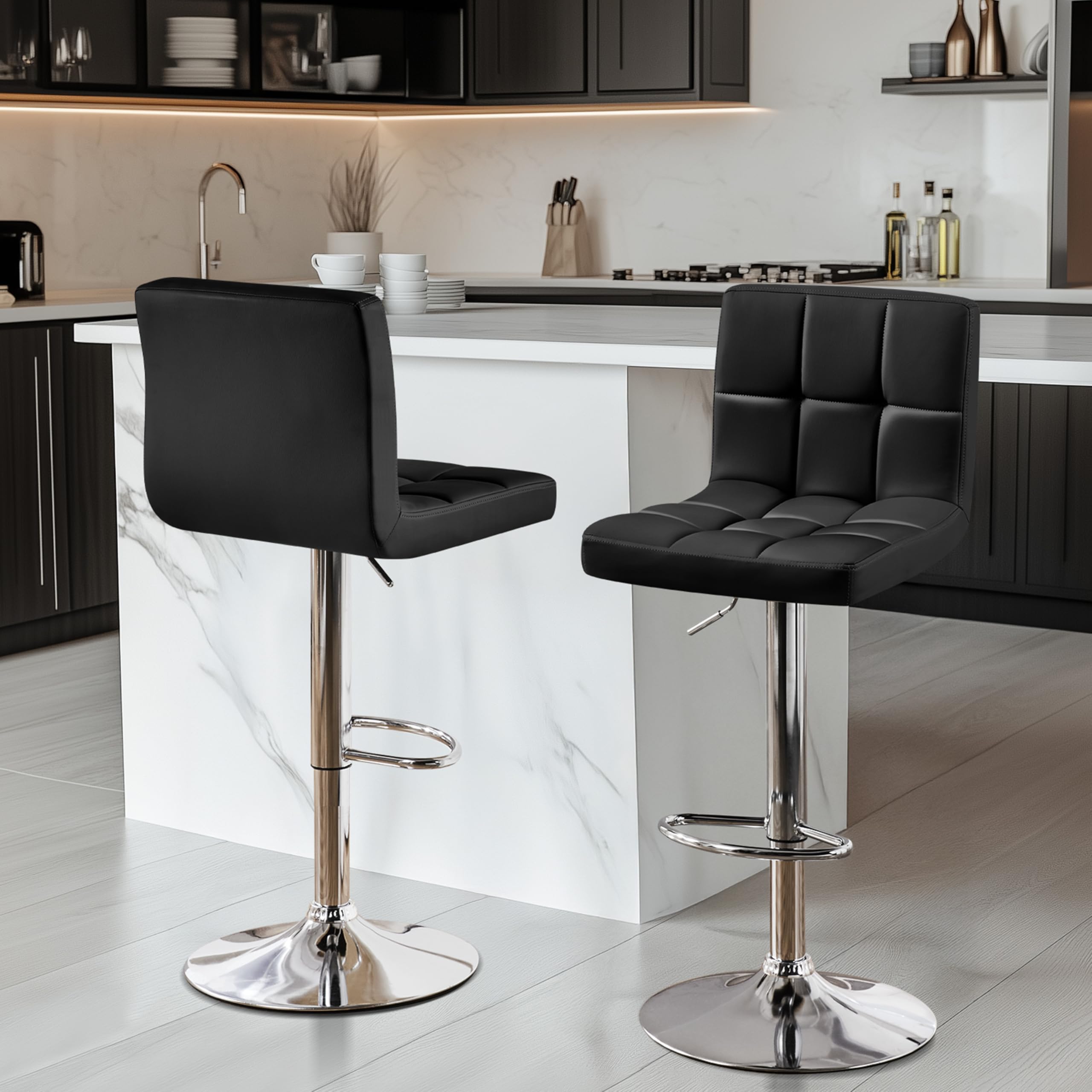 Yaheetech 3-Piece Modern Bar Table Set with Round Counter Height Table & 2 Adjustable PU Leather Swivel Bar Stools - Black Kitchen Dining Set for Breakfast Nook, Small Space & Apartment Living