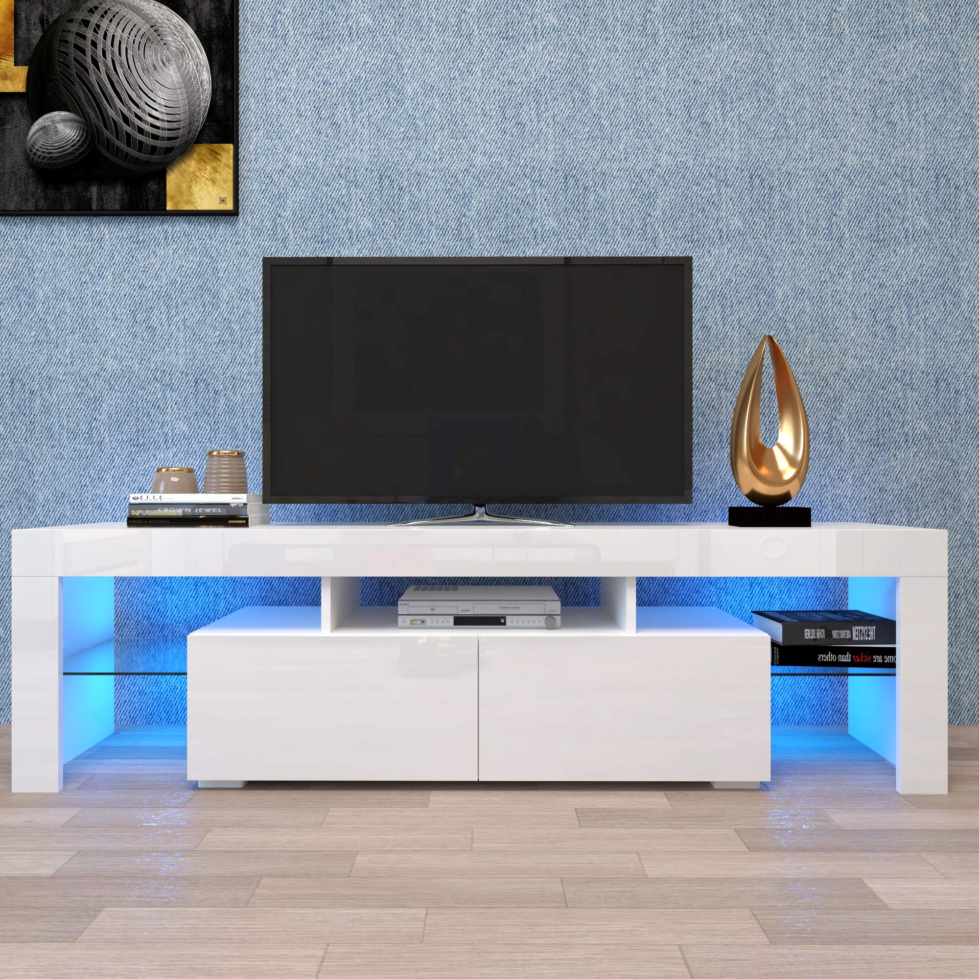 Modern TV Stand with LED Lights for 55-70 Inch TVs - Entertainment Center with Clear Glass Shelves & 2 Storage Drawers - Perfect for Living Room, Bedroom, Home Theater Setup