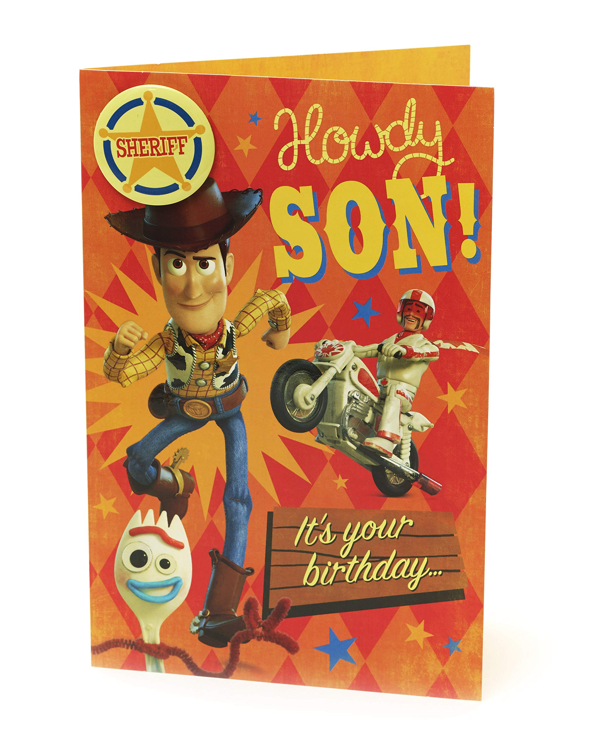 Disney Toy Story 4 Birthday Card for Son - Happy Birthday Greeting Card with Disney Badge - Perfect for Kids Birthday Parties & Special Celebrations