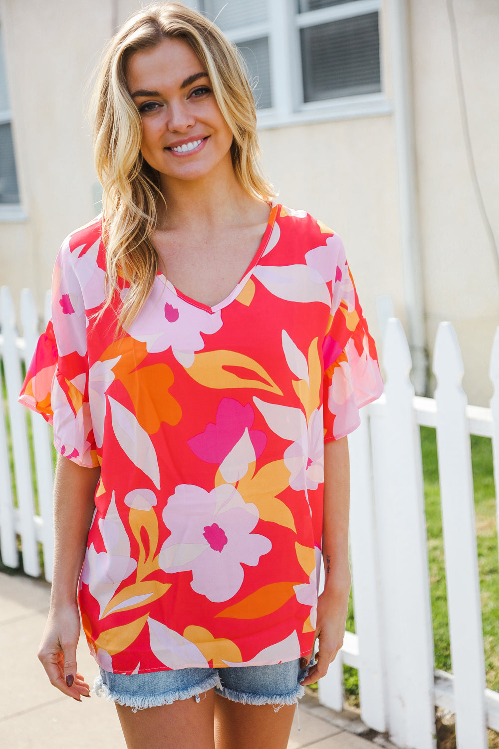 Haptics Tropical Vibes Peach Floral Dolman Ruffle Sleeve Blouse - Women's Casual Summer Top for Beach Vacation & Boho Outfits