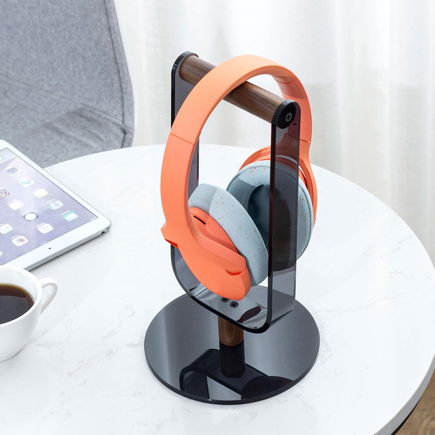 Premium Black Acrylic Gaming Headphone Stand with Walnut Wood Bar - Modern Desktop Headset Holder for Gamers & Streamers - Perfect for Gaming Setup, Home Office & Workspace Organization