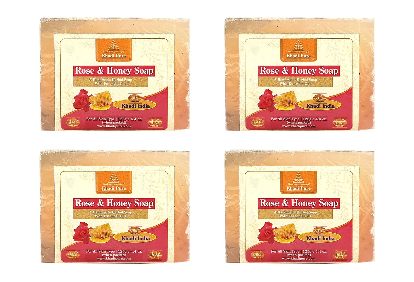 Khadi Pure Herbal Rose & Honey Soap - 100% Natural, Vegan & Chemical-Free (4 Pack, 125g Each) for Glowing Skin & Gentle Cleansing - Perfect for Daily Face & Body Care, Sensitive Skin & Spa Treatments
