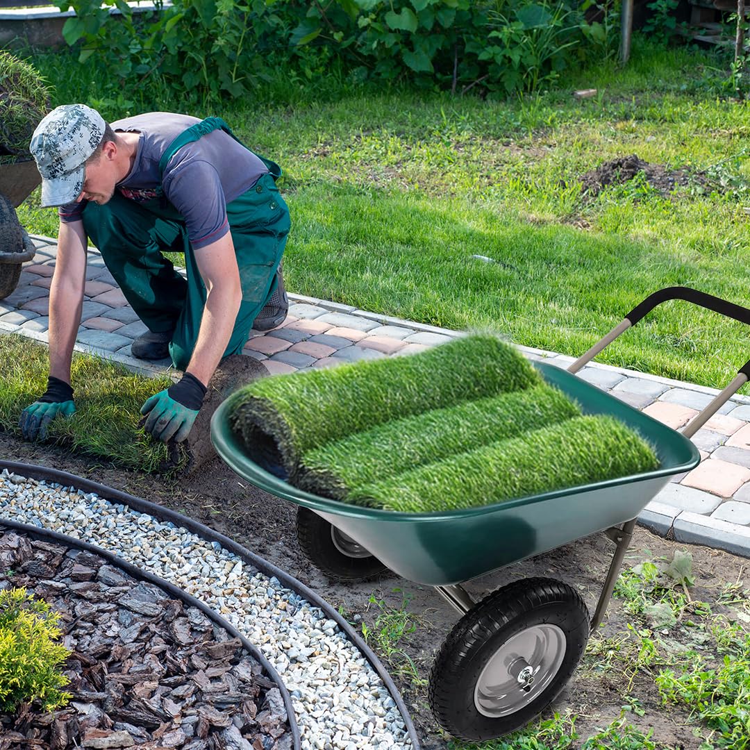 2 Wheel Heavy Duty Garden Wheelbarrow with Built-in Stand - Green Utility Yard Cart for Gardening, Landscaping & Home Improvement Projects