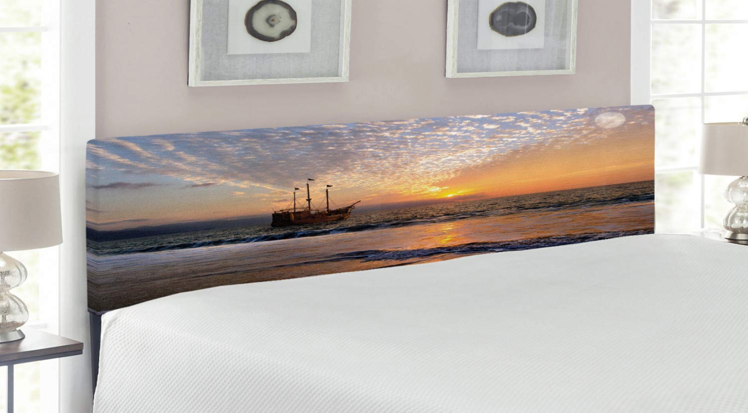 Ambesonne Nautical King Size Headboard - Pirate Ship Sailing Waves Fantasy Sea Horizon Moon Sky Design - Upholstered Decorative Metal Bed Frame with Memory Foam - Perfect for Coastal, Pirate or Fantasy Themed Bedrooms