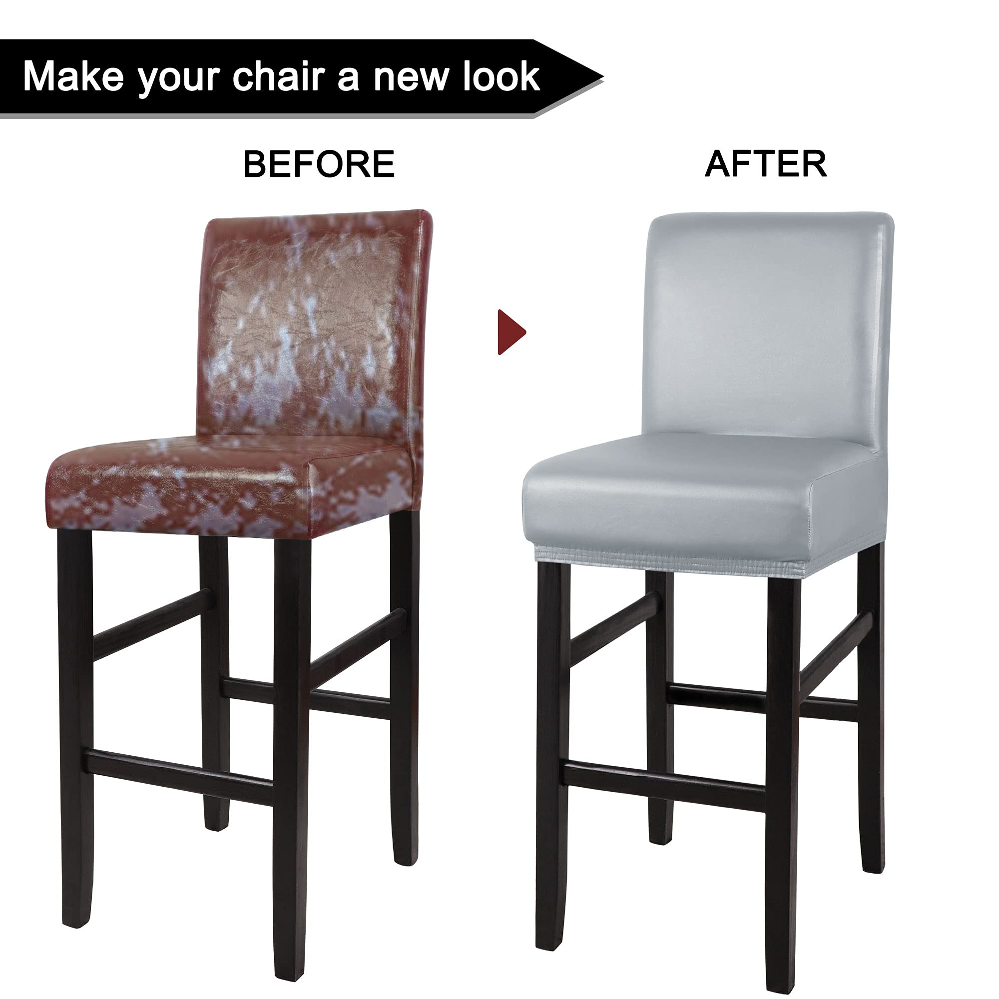 PiccoCasa Waterproof Bar Stool Covers - 4 Pack Faux Leather Pub Counter Height Chair Slipcovers with Elastic Band, Silver Gray - Perfect for Kitchen, Dining Room & Home Bar Decor