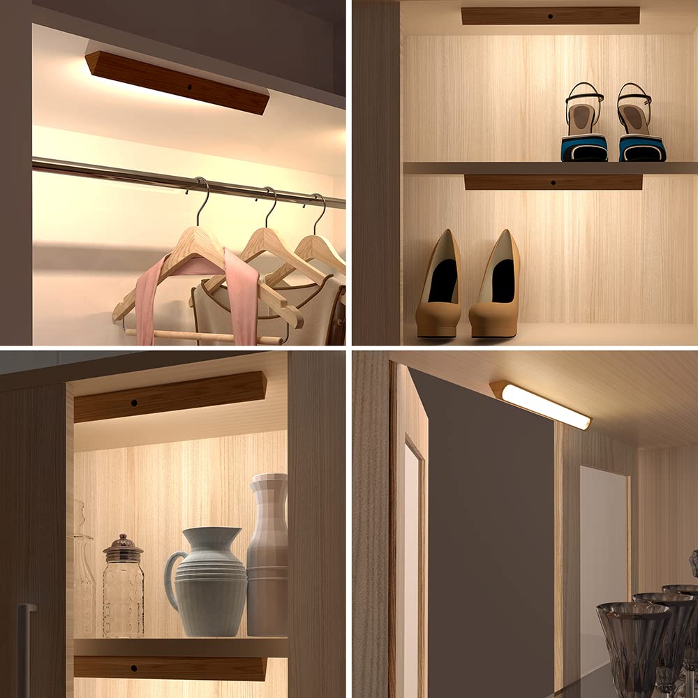 Wireless Under Cabinet Lights with Motion Sensor - USB Rechargeable Wooden Night Light for Wardrobe, Closet, Cupboard (Warm White) - Perfect for Bedroom, Kitchen, Hallway & Staircase Lighting