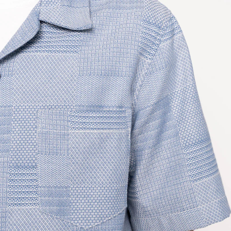 Stylish Aloha Shirt Dobby Patchwork in Pale Blue - Perfect for Summer Vacations & Beach Parties