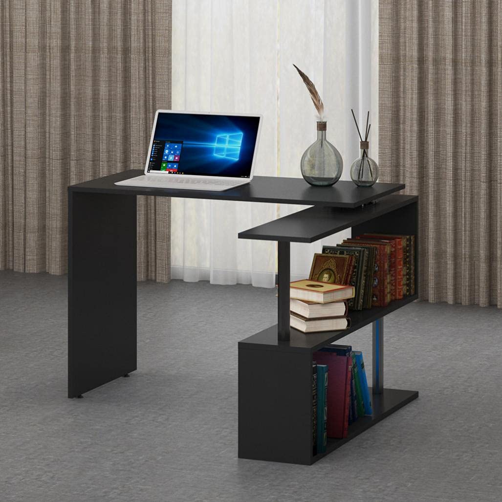 Rotating L-Shaped Corner Desk with Swivel Base - 43x22.8 Inch Computer Workstation with 2-Tier Storage Shelves for Home Office, Gaming & Study (Black) | Space-Saving Design for Small Rooms & Apartments