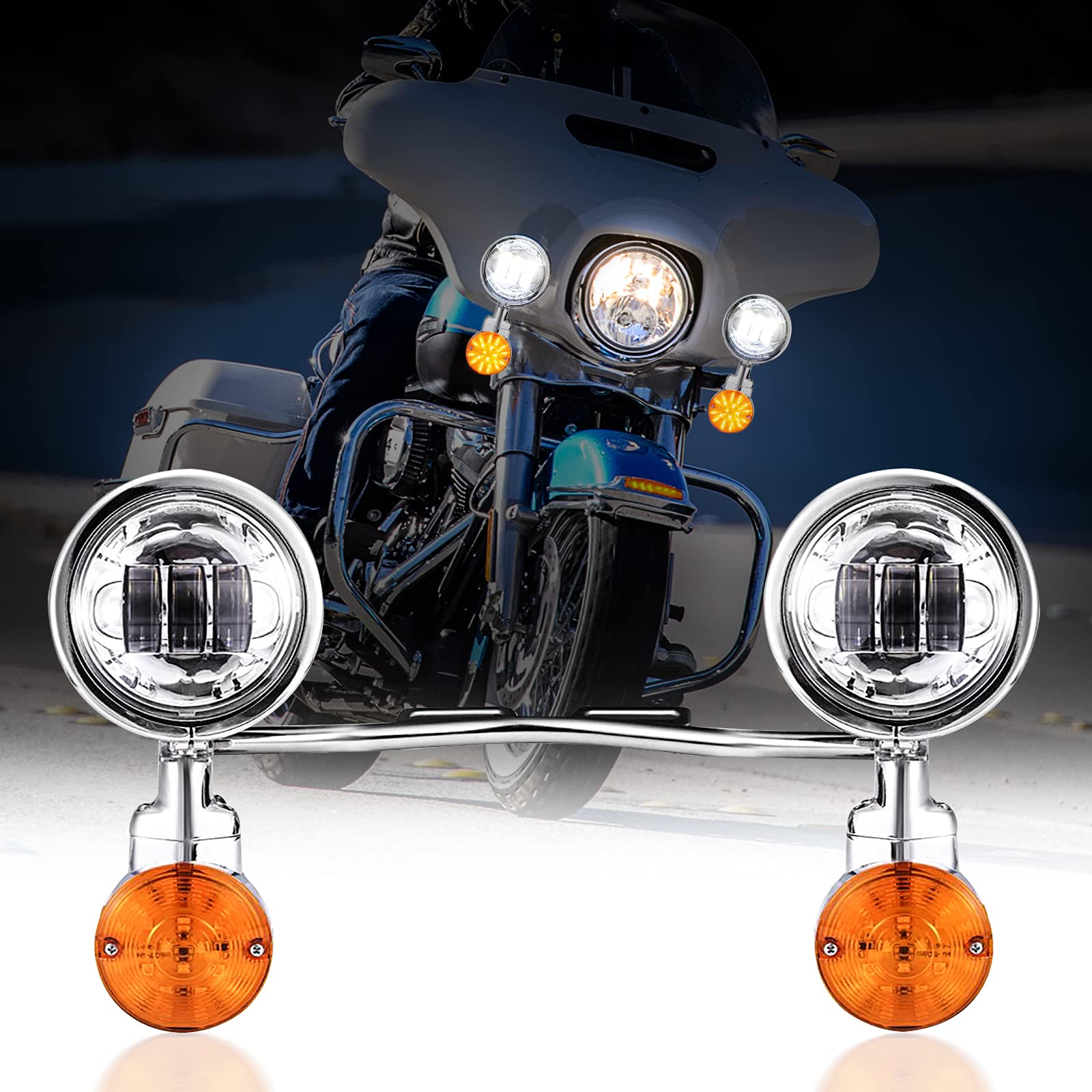 INNOGLOW Motorcycle LED Passing Light Bar with Turn Signals & Fog Lights - Chrome Steel for Harley, Suzuki, Kawasaki & Metric Cruisers - Perfect for Night Riding & Enhanced Visibility
