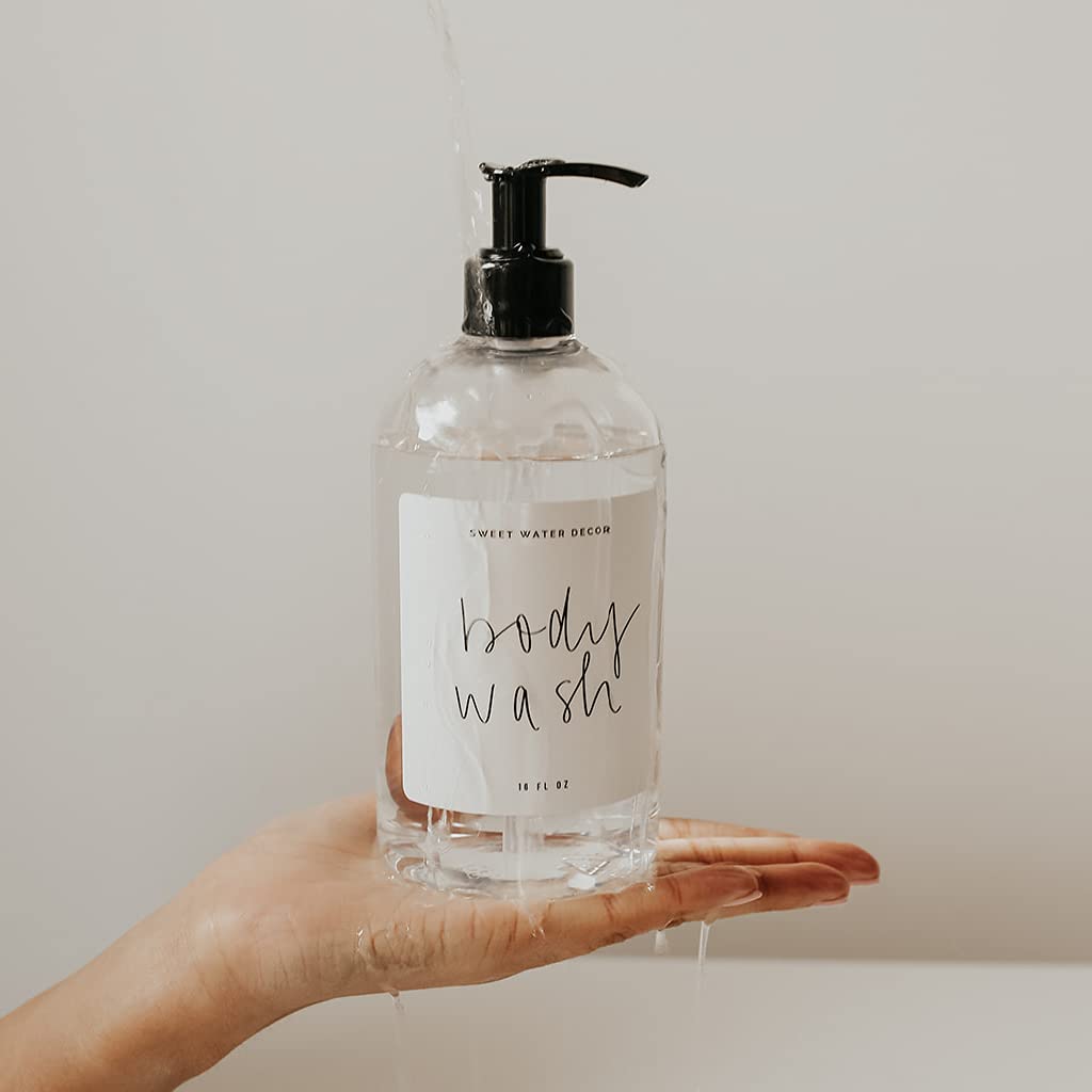 Sweet Water Decor 16 oz Clear Plastic Refillable Body Wash Dispenser with Pump - Rustic Modern Farmhouse Style - Waterproof White Label with Black Text - Perfect for Bathroom, Kitchen, or Gift Giving