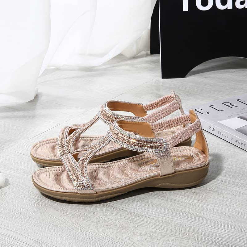 Women's Bohemian Rhinestone Sandals - Comfortable Slip-On Beach Sandals with Elastic Ankle Strap | Summer Casual Shoes for Outdoor, Vacation & Beach Wear
