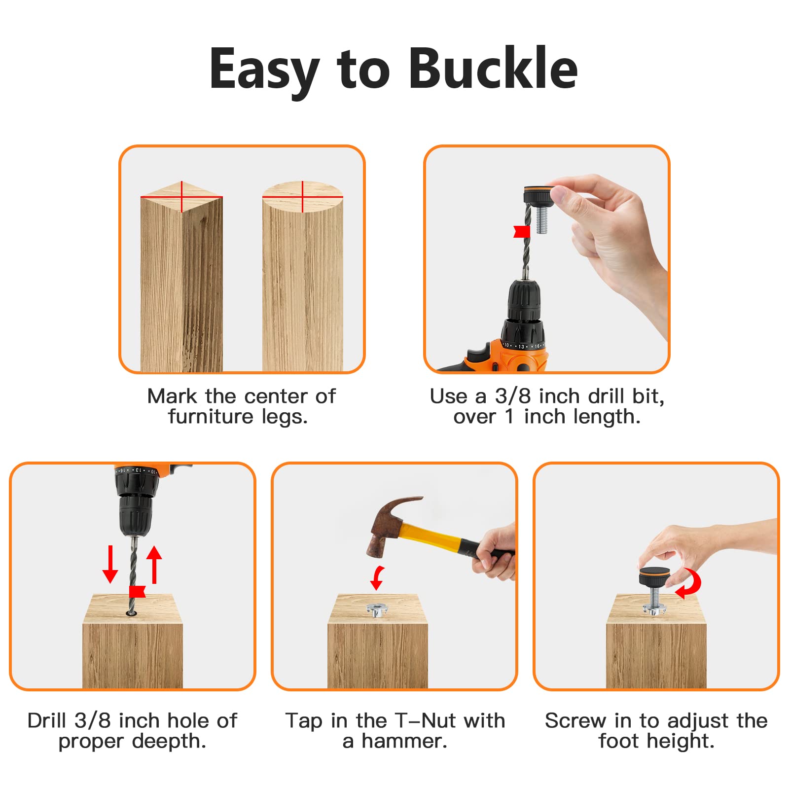 20 Pcs Heavy Duty Adjustable Furniture Levelers with Rubber Pads - 3/8