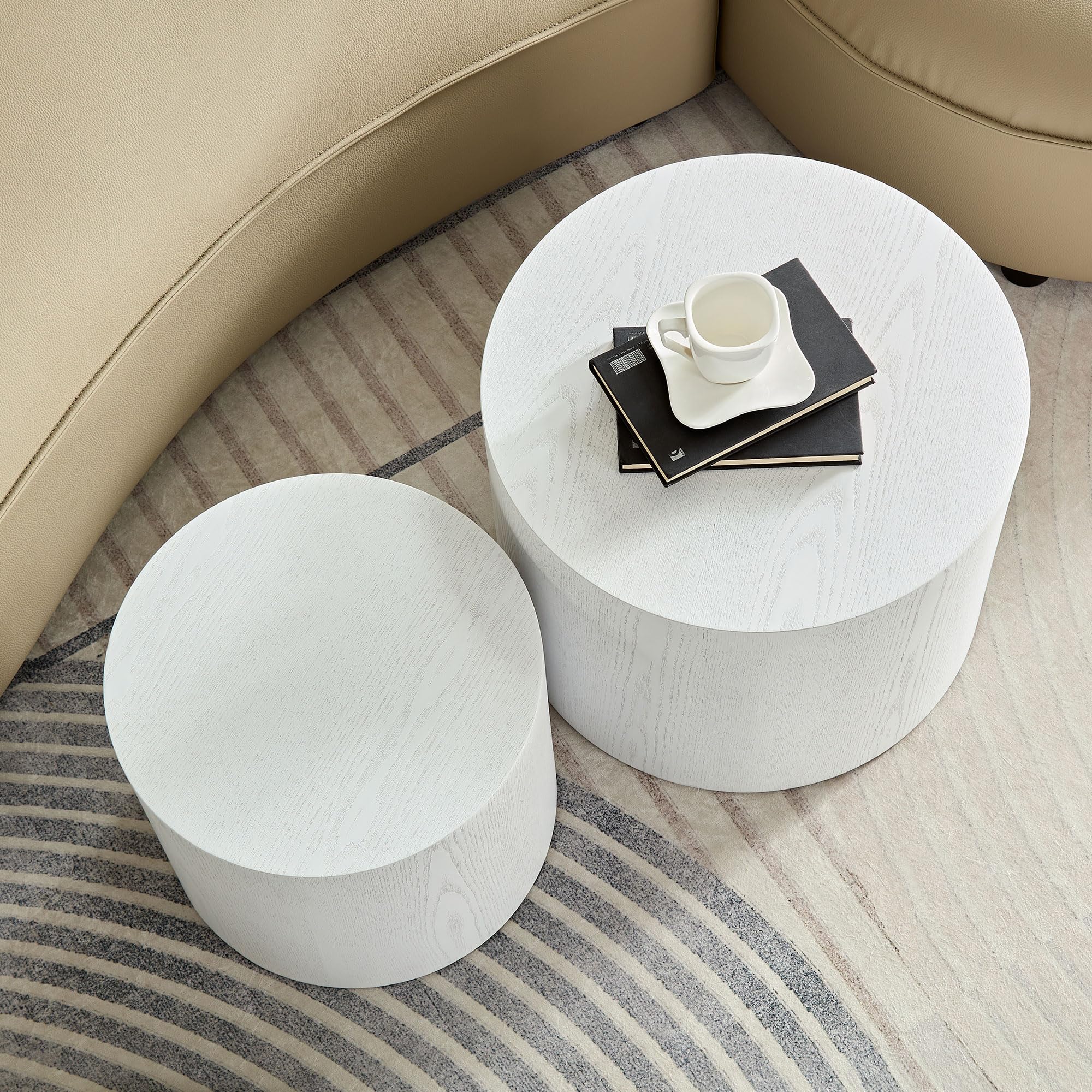 JUSTONE 2-Piece Nesting Coffee Table Set - Modern Round Wooden Side Tables for Living Room, Bedroom, Balcony & Home Office - No Assembly Required, White - Perfect for Small Spaces & Stylish Home Decor