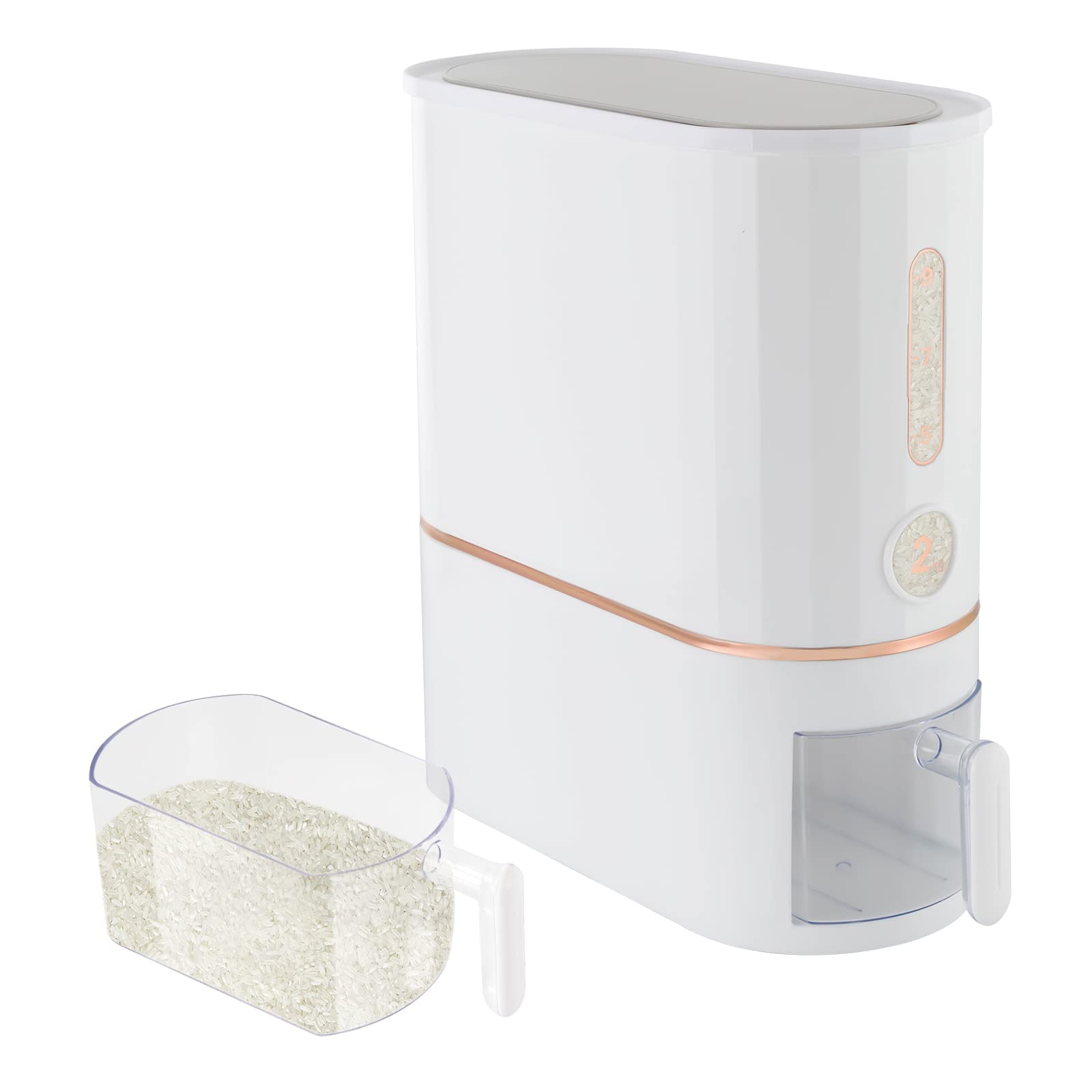 LOYALHEARTDY 22 Lbs Airtight Rice Dispenser with Locking Lid - Large Grain Storage Container with Measuring Cup - Moisture Proof Kitchen Cereal Dispenser for Rice, Soybean, Corn - Perfect for Pantry Organization & Bulk Food Storage