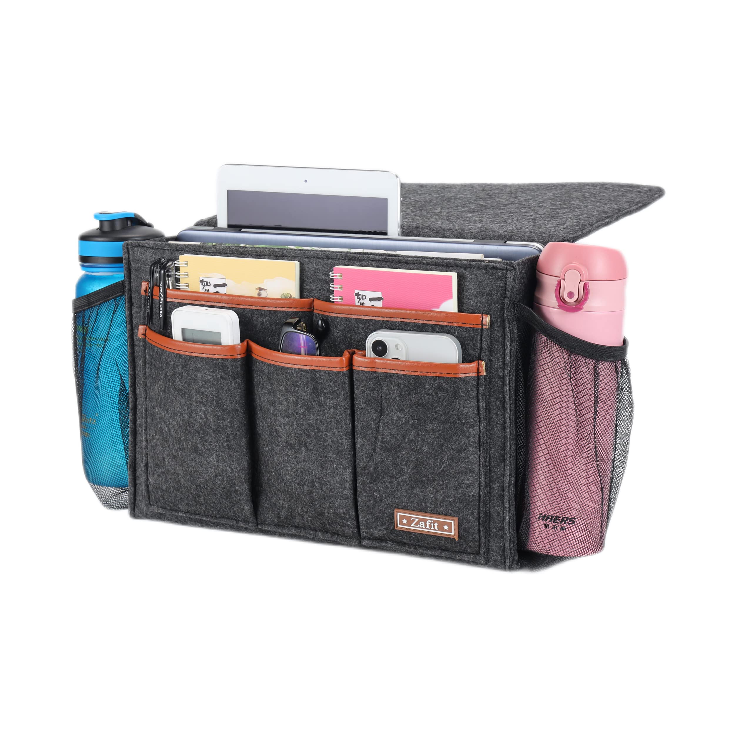 Large Bedside Caddy Organizer - 13.4'' x 18.1'' Oversized Storage Holder for Magazines, Remotes & Phones (Dark Grey) - Perfect for Bedside, Sofa & Wheelchair Organization