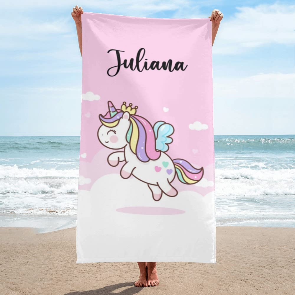 **Personalized Kids Beach Towels with Name - Mermaid & Unicorn Design, Quick Dry Microfiber, Custom Beach Towels for Girls - Perfect for Pool, Beach, and Summer Vacations**