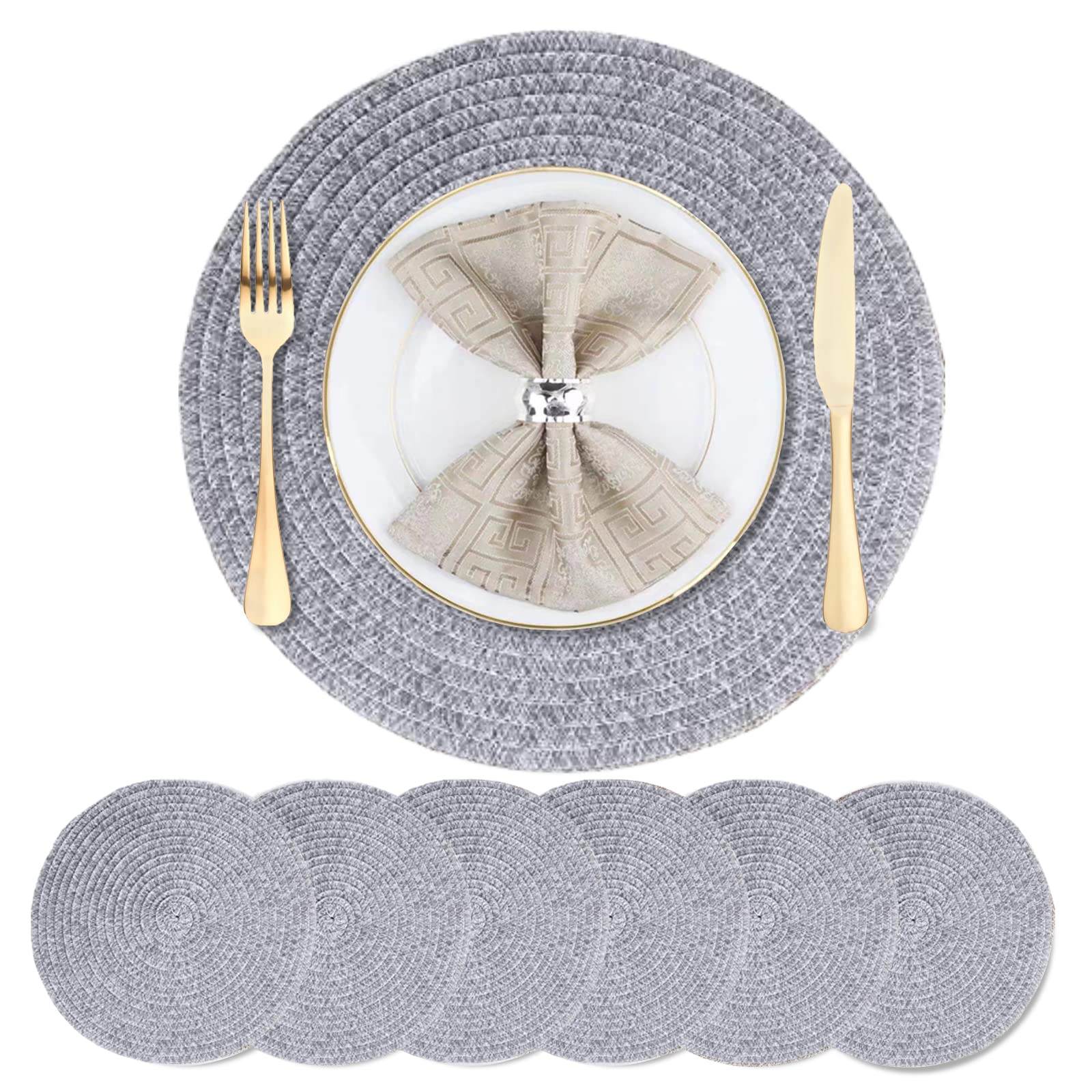 DACHUI 15 Inch Round Placemats Set of 6 - Washable Beige & White Table Mats for Dining, Kitchen, and Party Decor - Perfect for Everyday Use and Special Occasions