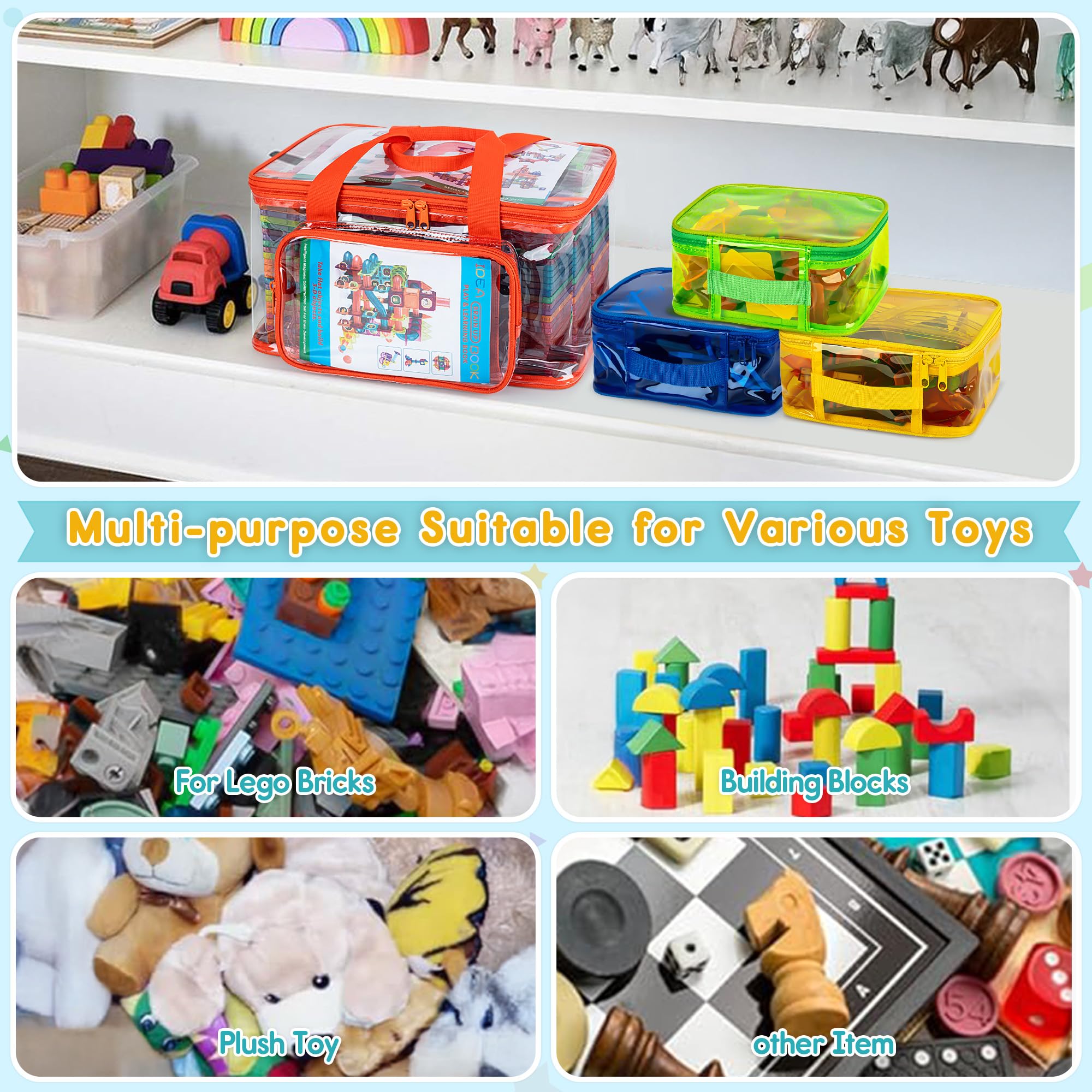 4PCS Magnetic Building Tiles Storage Bags - Clear PVC Toy Organizer for Magnetic Blocks, Board Games & Travel | Durable Carry Case for Kids Toys, STEM Learning & Home Organization