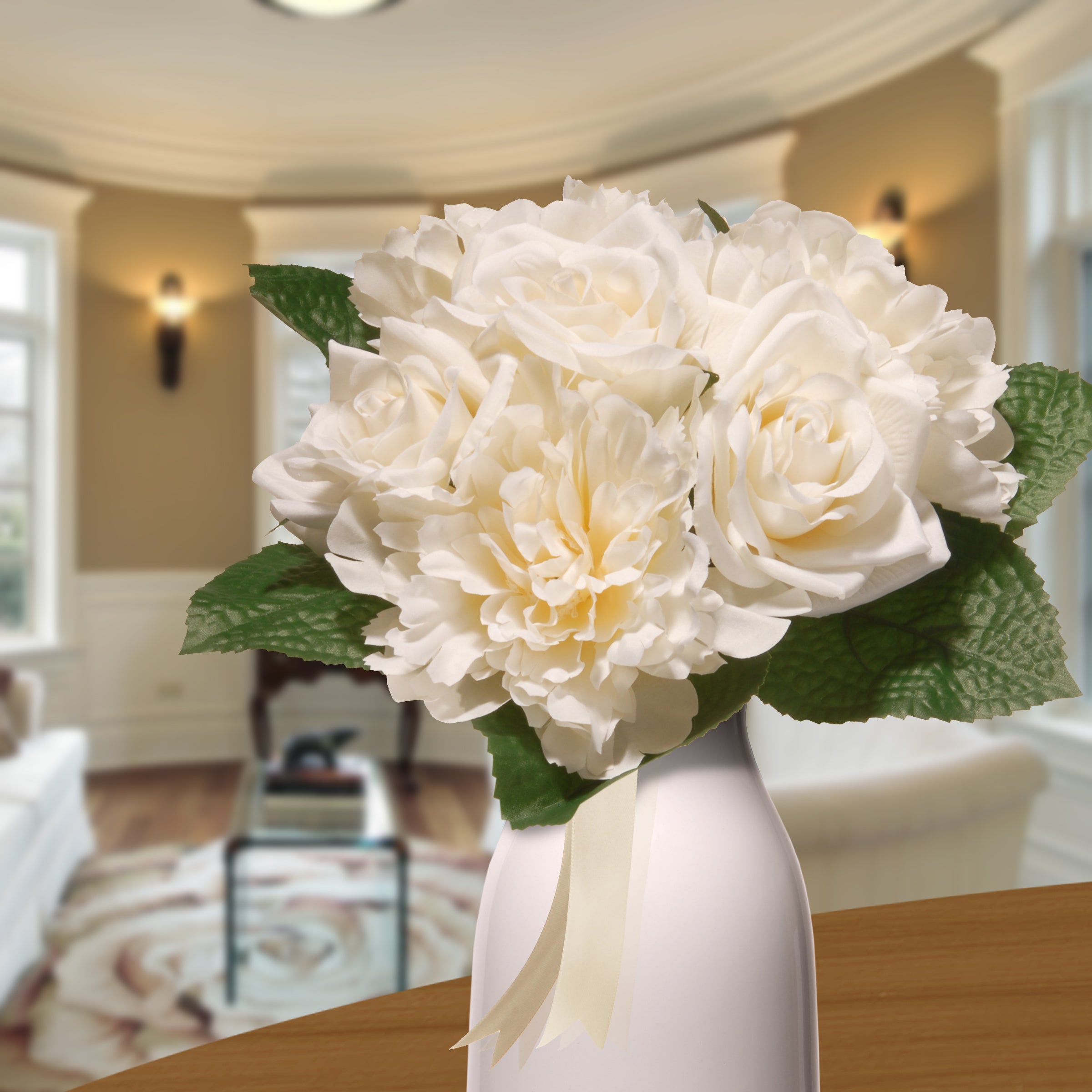 12 Inch Artificial Spring Floral Bouquet - Cream Roses & Peonies with Ribbon Accents, Seed Pods and Greenery - Perfect for Home Decor, Wedding Centerpieces and Seasonal Table Arrangements