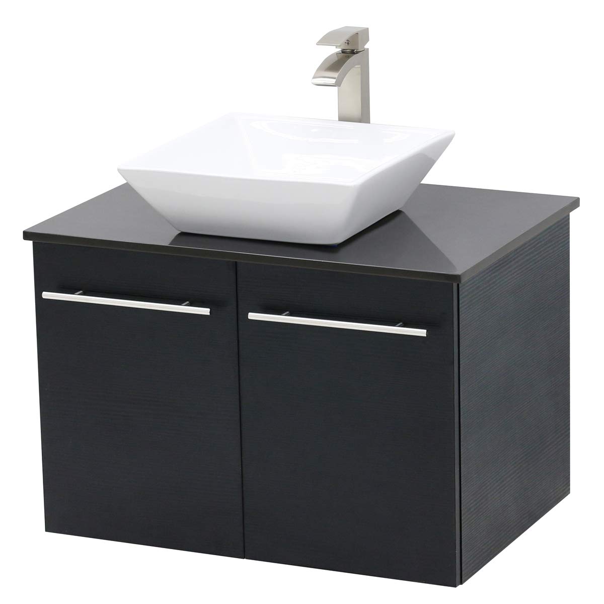 Wall Mount Floating Bathroom Vanity Sink Set with Black Vanity & Flat Stone Countertop - 24 Inch Modern Ceramic Basin for Small Bathroom, Powder Room or Master Bath Remodel