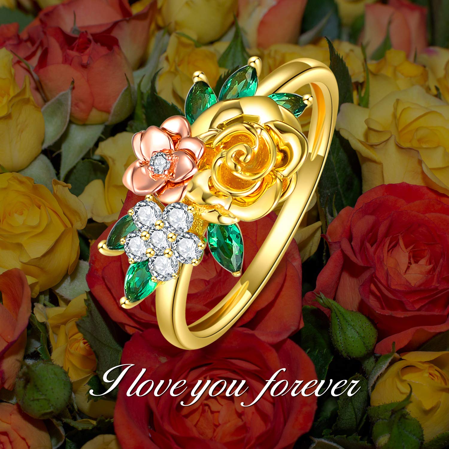10K Real Gold Rose Flower Leaf Ring for Women - Yellow & Rose Gold Moissanite Three Flower Ring, Elegant Anniversary Birthday Gift for Mom Wife Girlfriend - Perfect for Weddings, Parties & Special Occasions