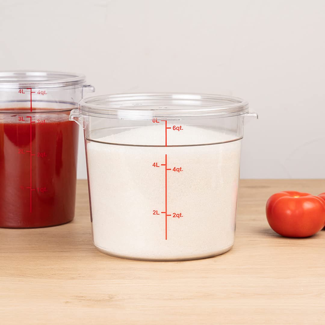 Restaurantware Met Lux 6 Quart Clear Plastic Food Storage Containers - 10 Pack Round Commercial Food Prep Buckets with Volume Markers (Lids Sold Separately) for Kitchen, Restaurant, and Catering Use - Space-Saving Storage Solution