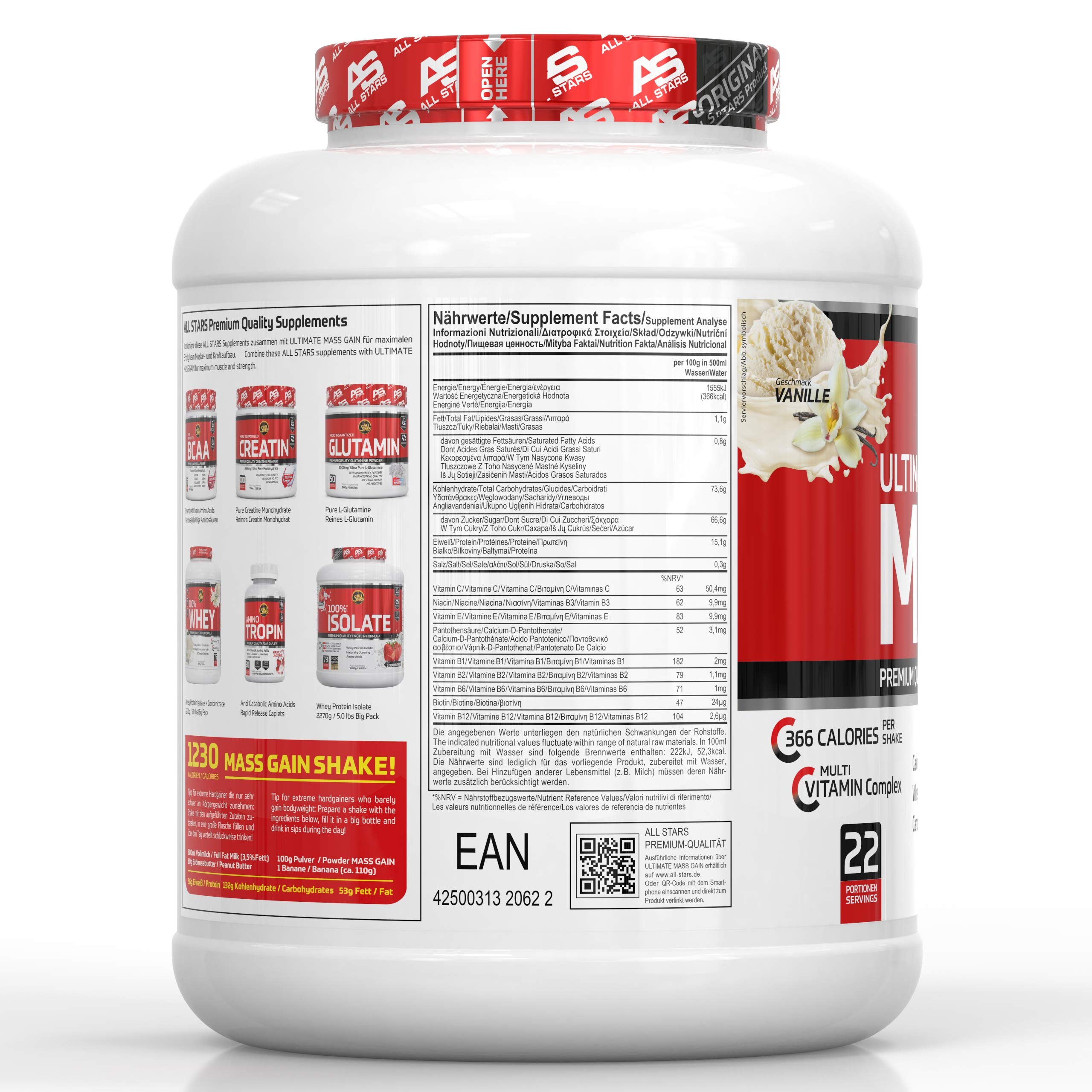 All Stars Ultimate Mass 2270g Vanilla Weight Gainer with Whey Protein, Carbs & Vitamins | High-Calorie Protein Shake for Muscle Growth | Low Fat Mass Building Powder for Bodybuilders & Athletes | Perfect for Post-Workout Recovery & Bulking Season