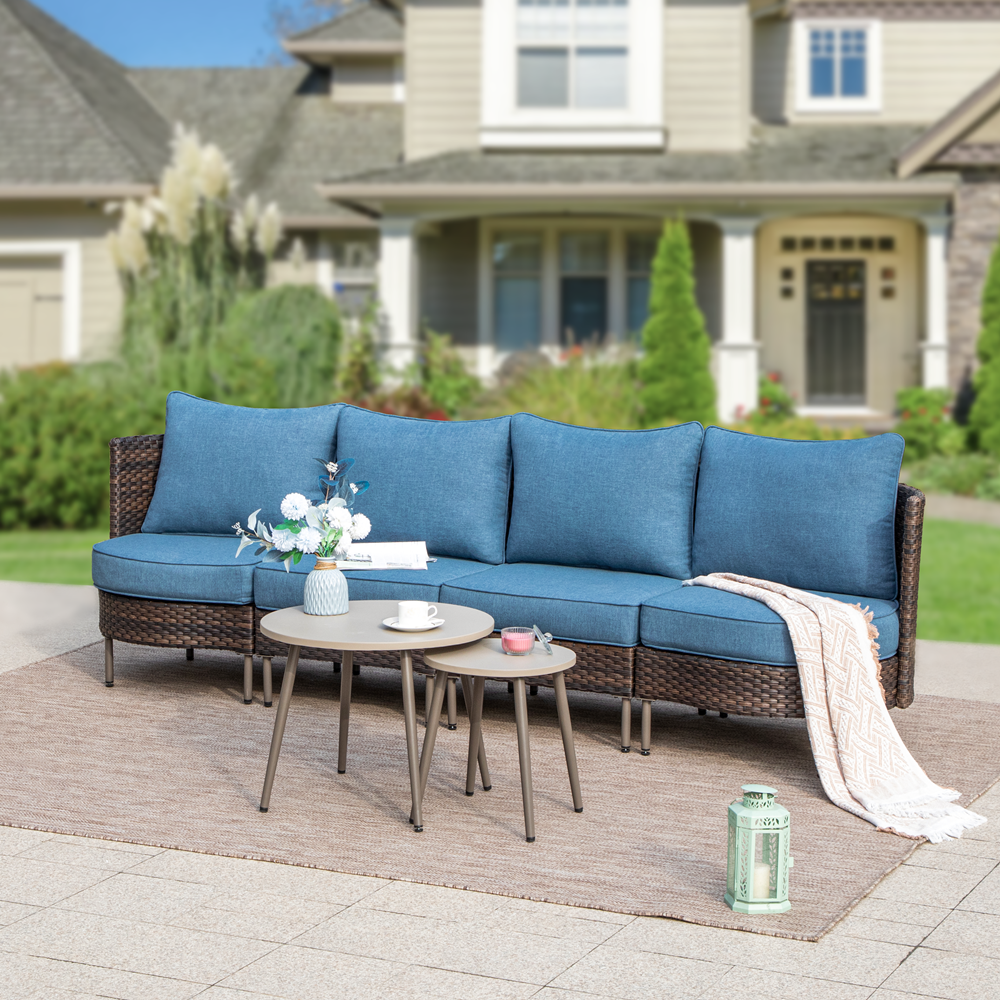 Phi Villa Outdoor Round Wicker Conversation Sofa Set with Navy Cushions & 2 Coffee Tables - Patio Furniture for Garden, Poolside, and Backyard Relaxation