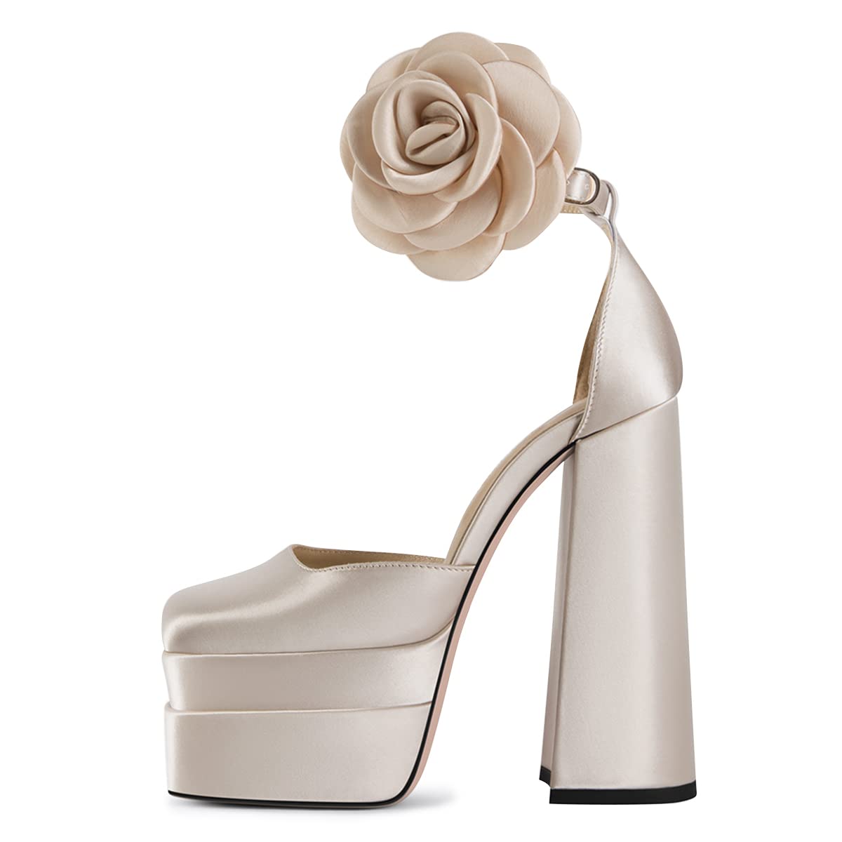 FSJ Women's Chunky Heel Sandals - High Platform Square Toe Ankle Strap Dress Shoes with Floral Design in Satin for Club, Party & Evening Wear (US Size 4-15) | Perfect for Weddings, Prom, Cocktail Dresses & Special Occasions