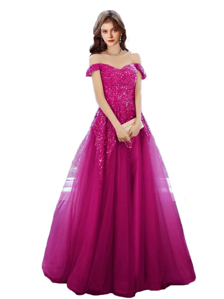 ASULLA Women's Off Shoulder Long Sequins Evening Dress - Elegant Floor Length Ball Gown for Prom, Masquerade Party, Wedding Guest & Special Occasions