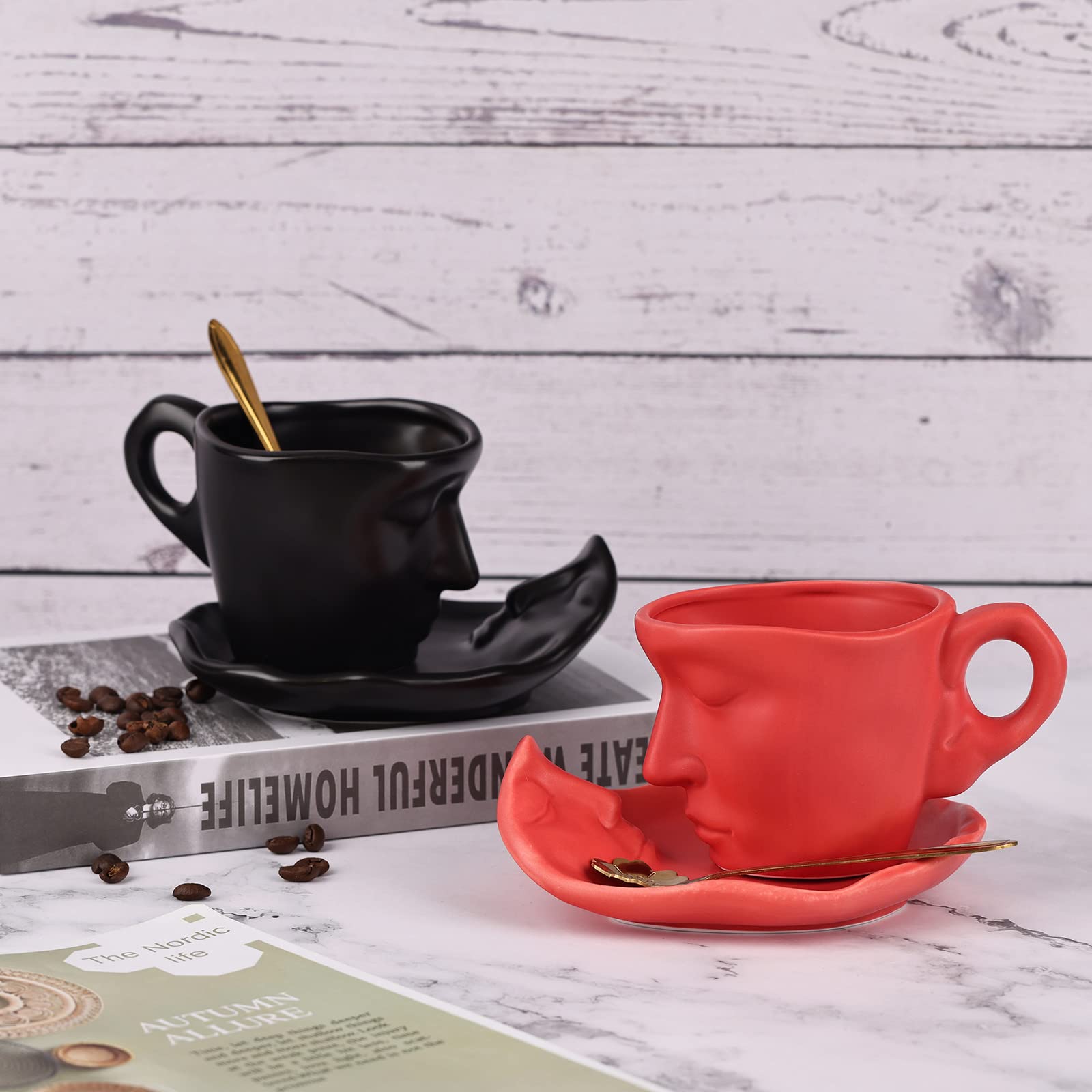 Black Ceramic Coffee Cup Set with Spoon - 8.5oz Kissing Mug for Valentine's Day & Anniversaries - Perfect Romantic Gift