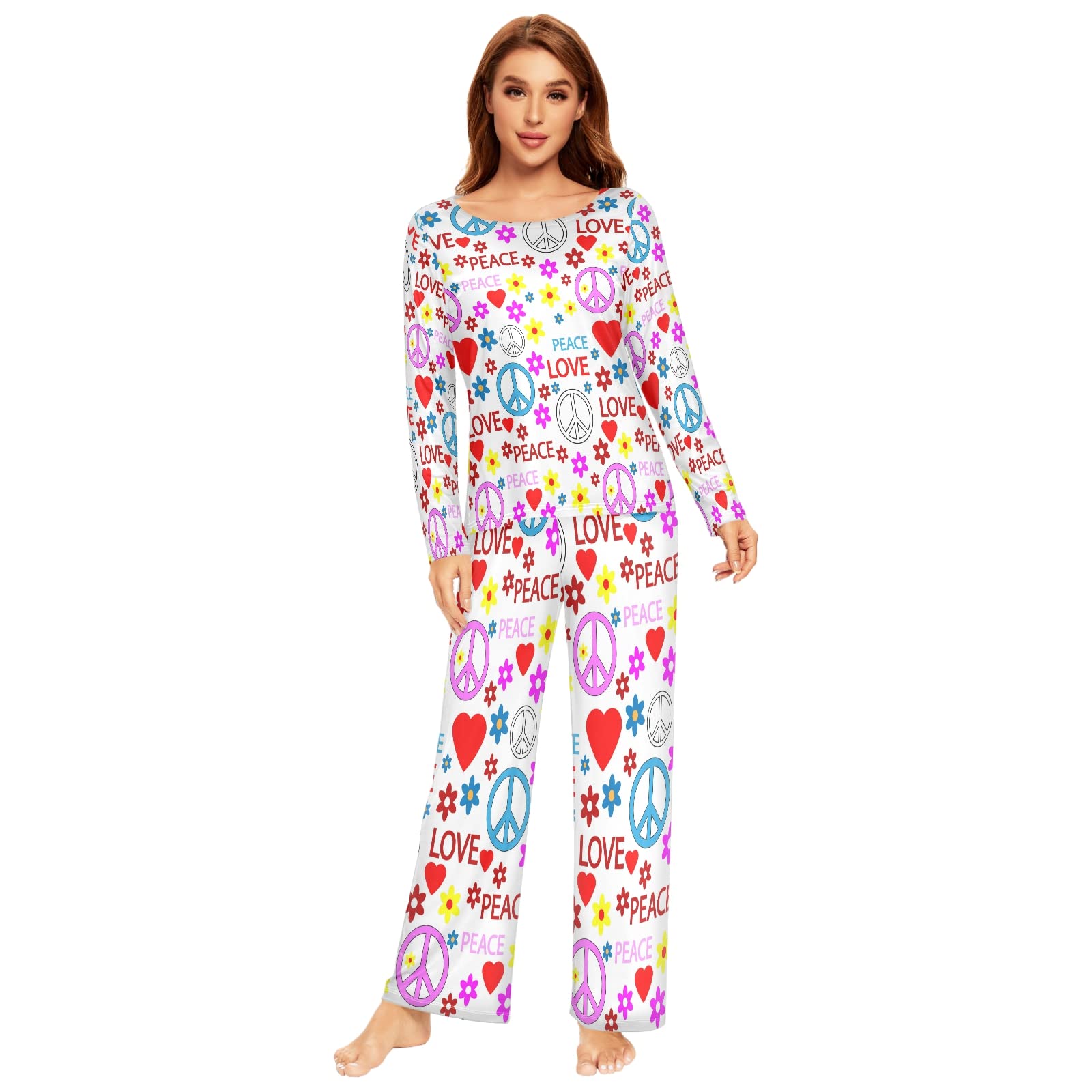 ALAZA Hippie Peace Sign Pajamas Set for Women - 2 Piece Long Sleeve Sleepwear Nightwear Lounge Set - Cozy Loungewear for Relaxing at Home, Yoga & Sleepovers