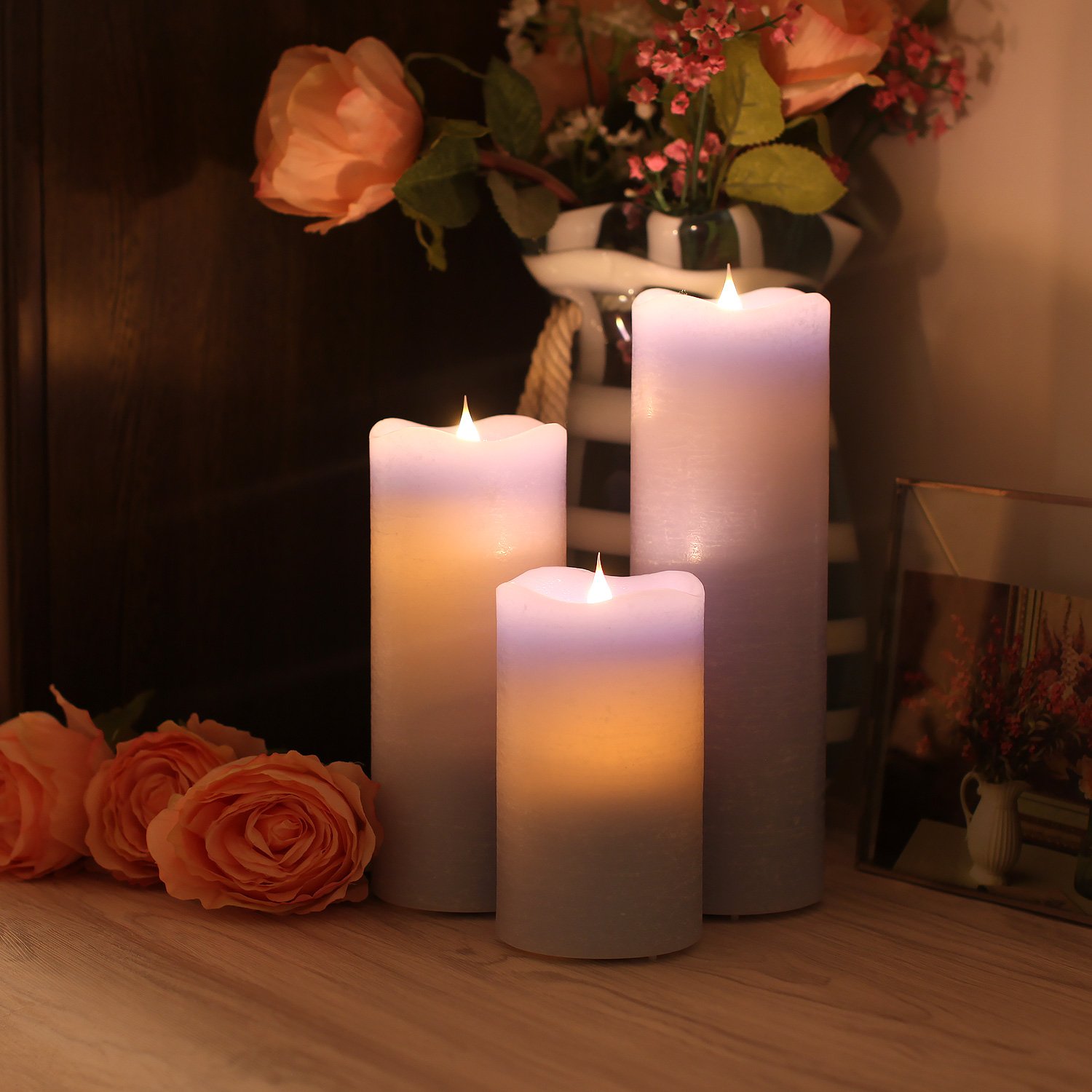 3D Moving LED Flameless Candle with Timer - Real Wax Battery Operated LED Candles (3 x 7 Inches, Blue) for Home Decor, Wedding Centerpieces, Romantic Dinner Lighting & Holiday Ambiance