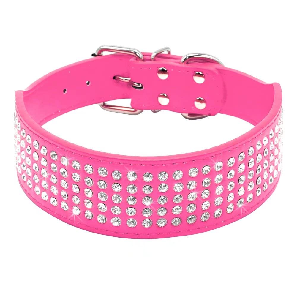 Sparkly Crystal Rhinestones Dog Collar - 2 Inch Wide PU Leather with 5 Rows of Diamonds for Medium & Large Dogs (15-18 Inches) - Hot Pink Bling Pet Collar for Parties, Walks & Special Occasions