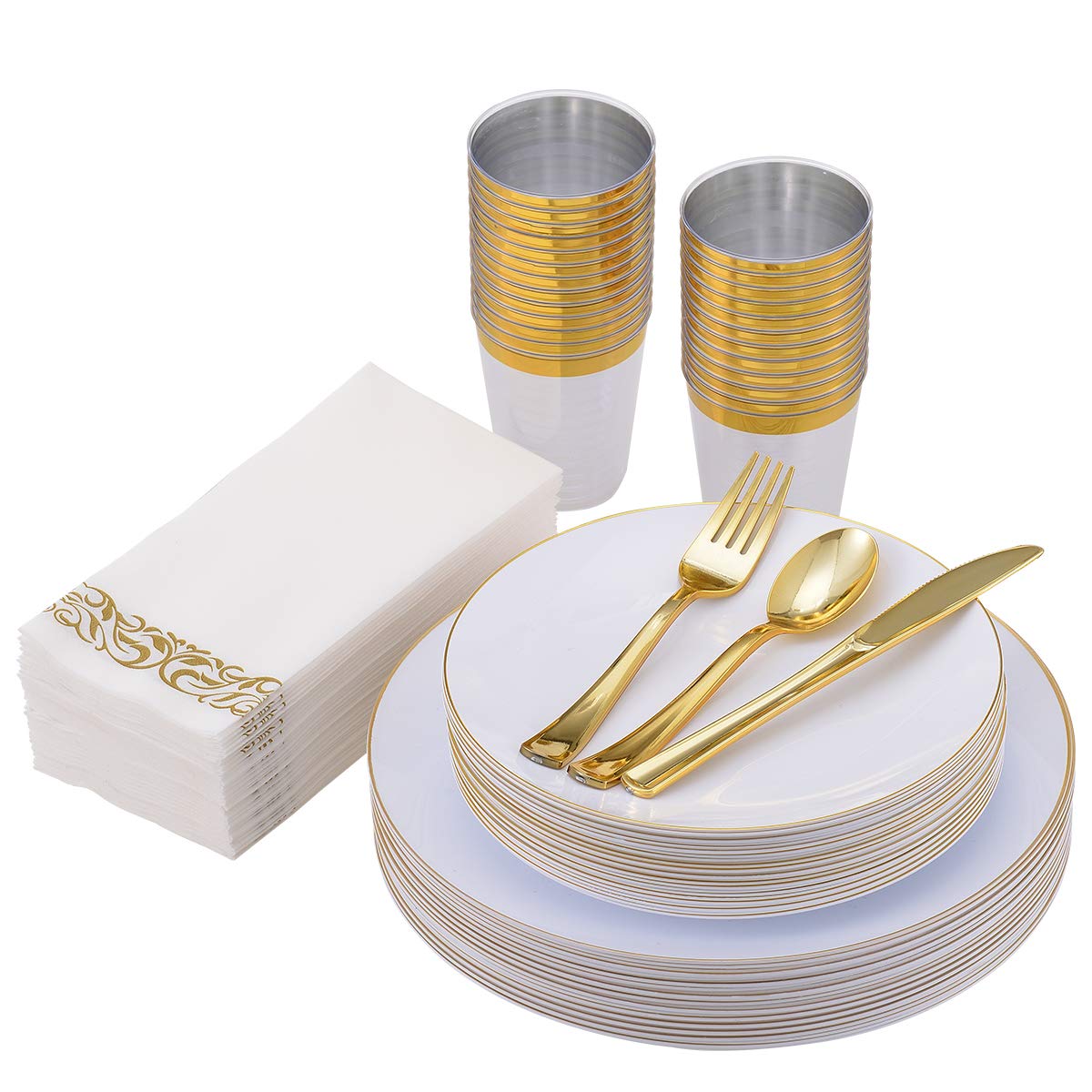 Vplus 175-Piece Gold Rim Disposable Plastic Dinnerware Set - Includes 25 Dinner Plates, Dessert Plates, Forks, Knives, Spoons, Cups & Napkins - Elegant Wedding, Party, Catering & Event Tableware (Gold Trim)