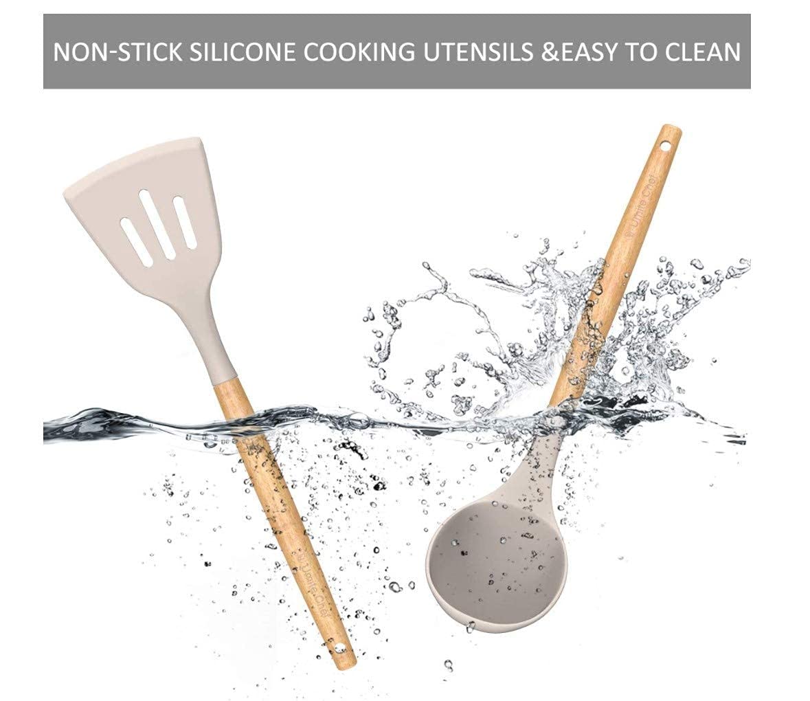 Premium Silicone Kitchen Utensil Set with Wooden Handles - 12-Piece Heat-Resistant Cooking Tools Including Spatula, Turner, Tongs & Whisk - Non-Slip Holder Included - Perfect for Baking, Frying & Everyday Cooking (Black)