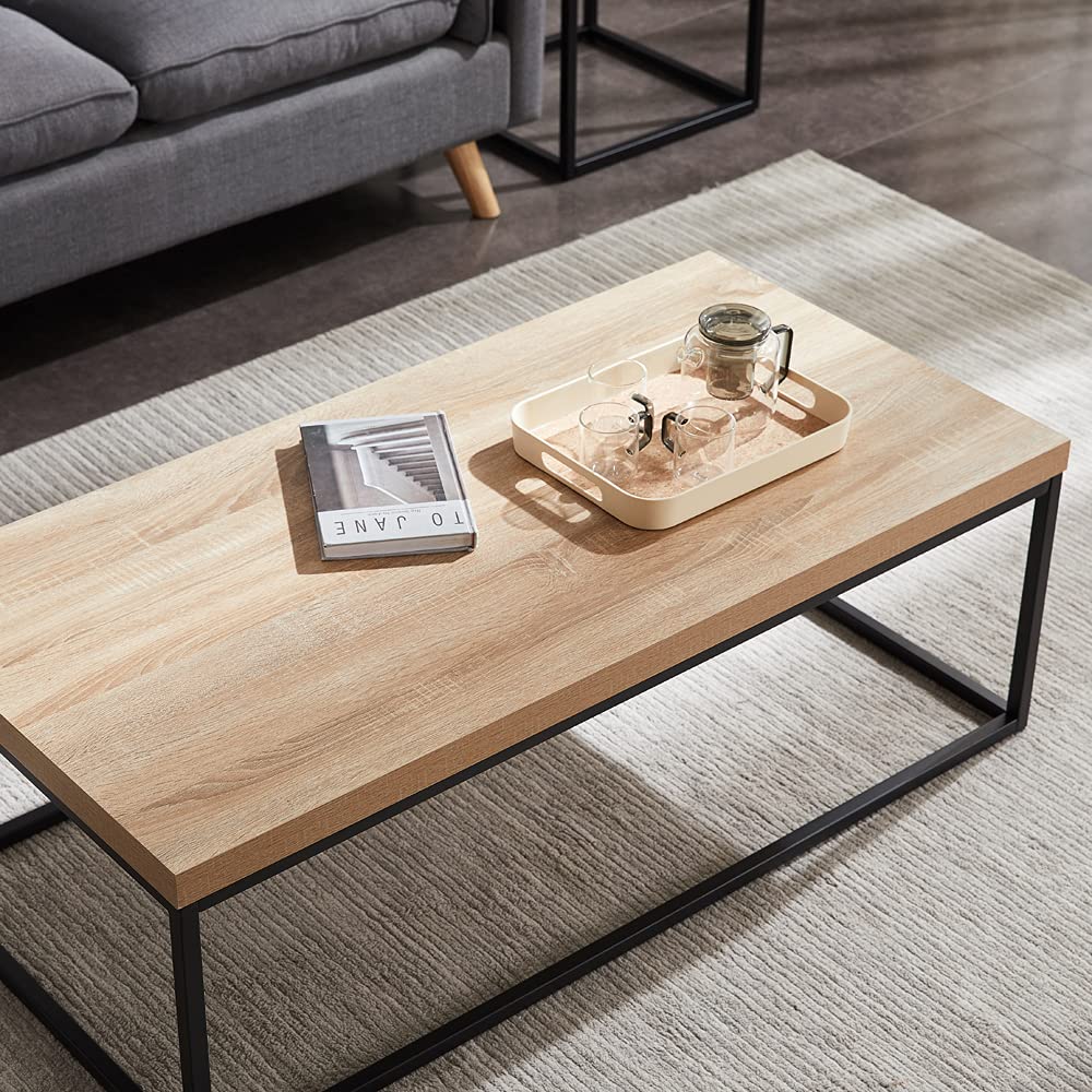 Modern Industrial CENSI 47-Inch Oak Coffee Table - Rectangular Wood & Metal Design with Extra Thick Tabletop (Natural Wood Finish) - Perfect for Living Room, Lounge, or Office Decor