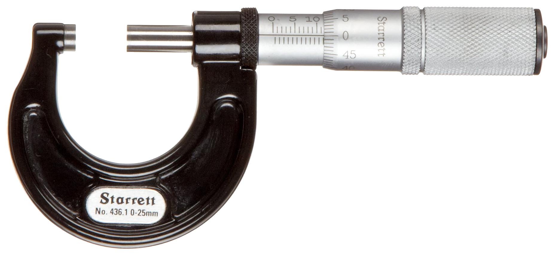 Starrett 436.1MXFL-25 Professional Outside Micrometer 0-25mm Range, 0.01mm Graduation, ±0.002mm Accuracy with Friction Thimble & Carbide Faces - Ideal for Precision Machining, Metalworking, and Quality Control Measurements