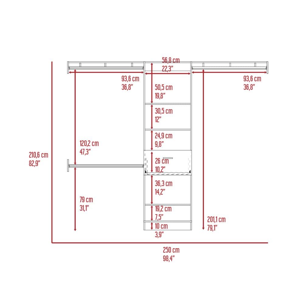 Brisk 250 Closet Organizer System - 5 Open Shelves, 1 Drawer & 3 Metal Rods - White - Perfect for Bedroom, Closet & Home Storage Organization