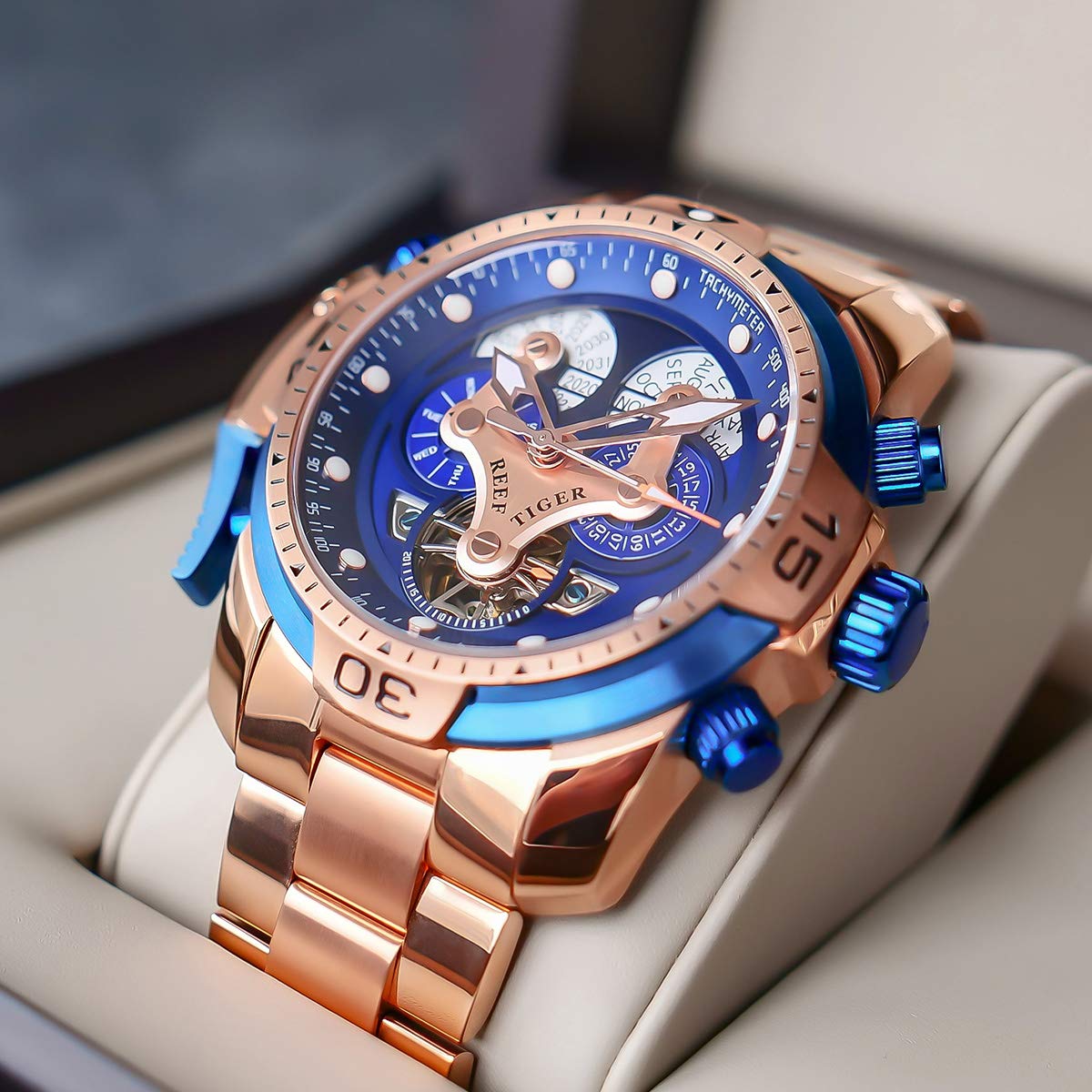REEF TIGER Luxury Men's Mechanical Watch - Rose Gold Date Day Complicated Bracelet Watch RGA3503 | Perfect for Business, Formal Events & Gift Giving