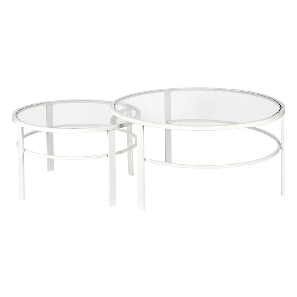 2-Piece White Metal & Glass Nesting Coffee Table Set - Modern Living Room & Office Furniture for Small Spaces