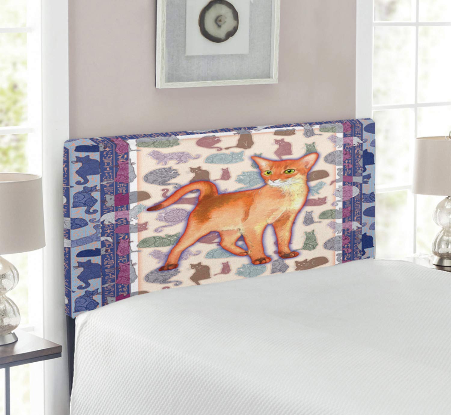 Ambesonne Cat Themed Upholstered Headboard - Twin Size Metal Bed Frame with Floral & Tribal Stripes Design, Memory Foam Padding - Perfect for Kids' Bedrooms, Dorm Rooms & Pet Lover Home Decor