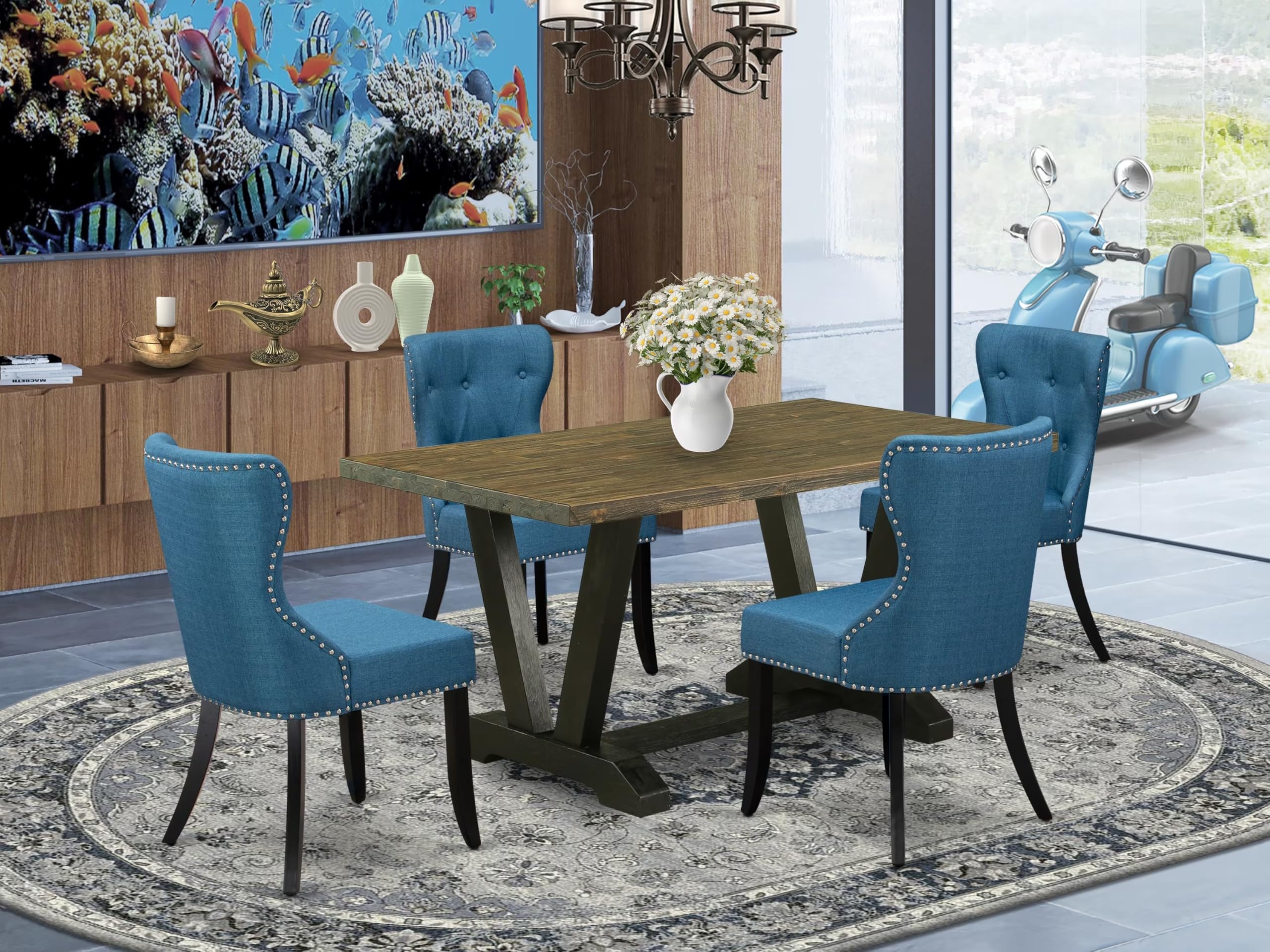 East West Furniture 5-Piece Kitchen Dining Set with Rectangle Table & 4 Blue Fabric Chairs - 36x60 Inch V-Leg Table for Small Spaces - Perfect for Breakfast Nook, Apartment Dining, and Family Meals