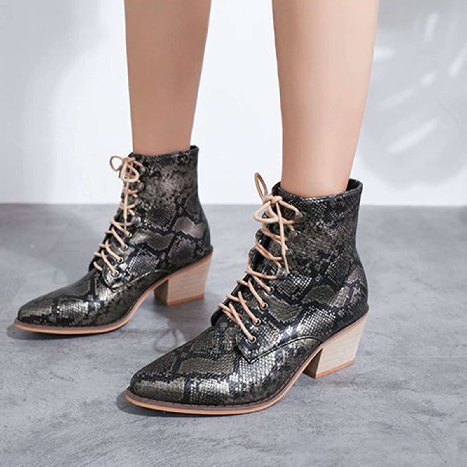 Women's Serpentine Leather Ankle Boots - Pointed Toe Lace Up Chunky Heel Booties for Casual & Outdoor Wear | Trendy Fall Fashion, Date Night & Office Shoes