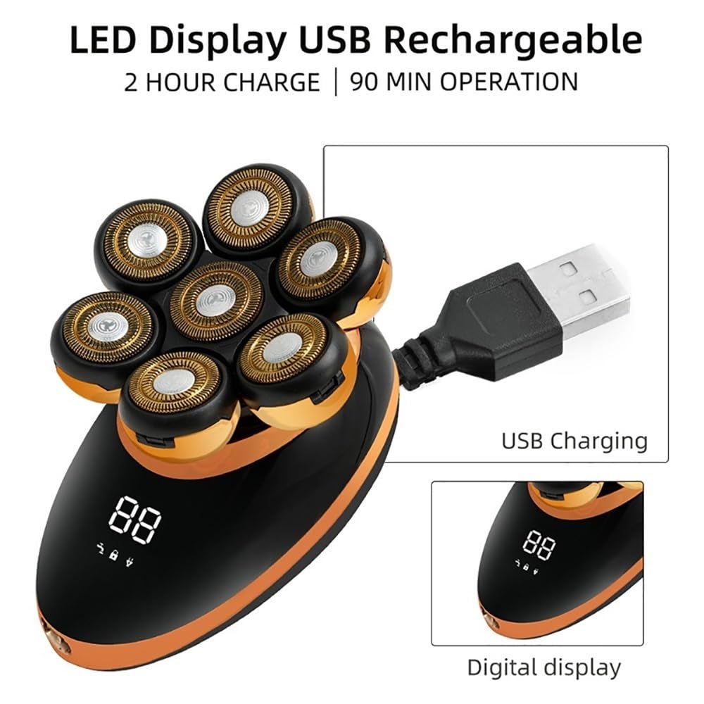 7D Floating Head Electric Razor for Bald Men - 5-in-1 Rechargeable Waterproof Shaver with 7 Independent Cutters, Multifunctional Trimmer (Golden) - Perfect for Travel, Gym & Daily Head Shaving