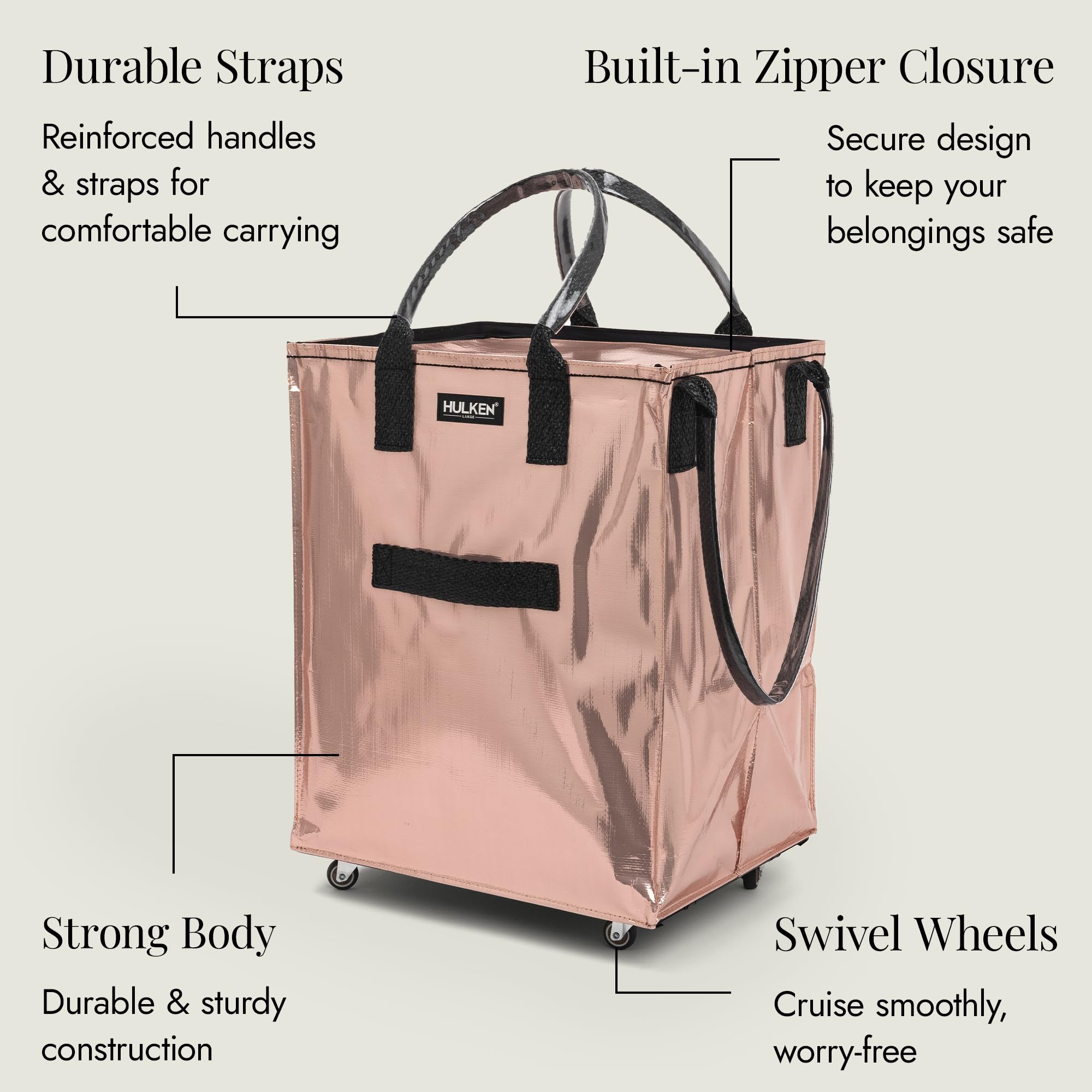 Large Rose Gold Reusable Wheeled Grocery Bag - Foldable Shopping Trolley with Zipper Closure, Lightweight Rolling Tote Holds 66 lbs, Durable Unbreakable Handles - Perfect for Grocery Shopping, Farmers Markets & Travel