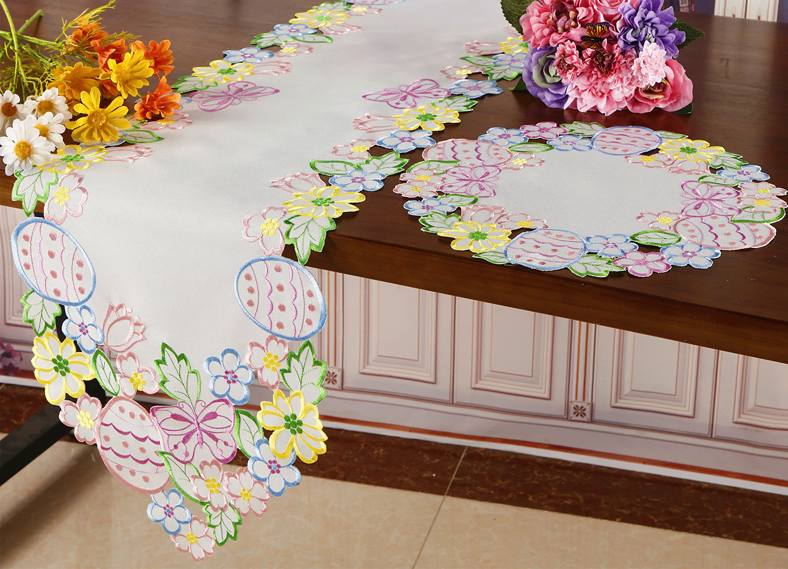 Easter Spring Placemats Set of 4 - Floral Embroidered Egg Design Table Decor for Kitchen Dining Holiday - 14