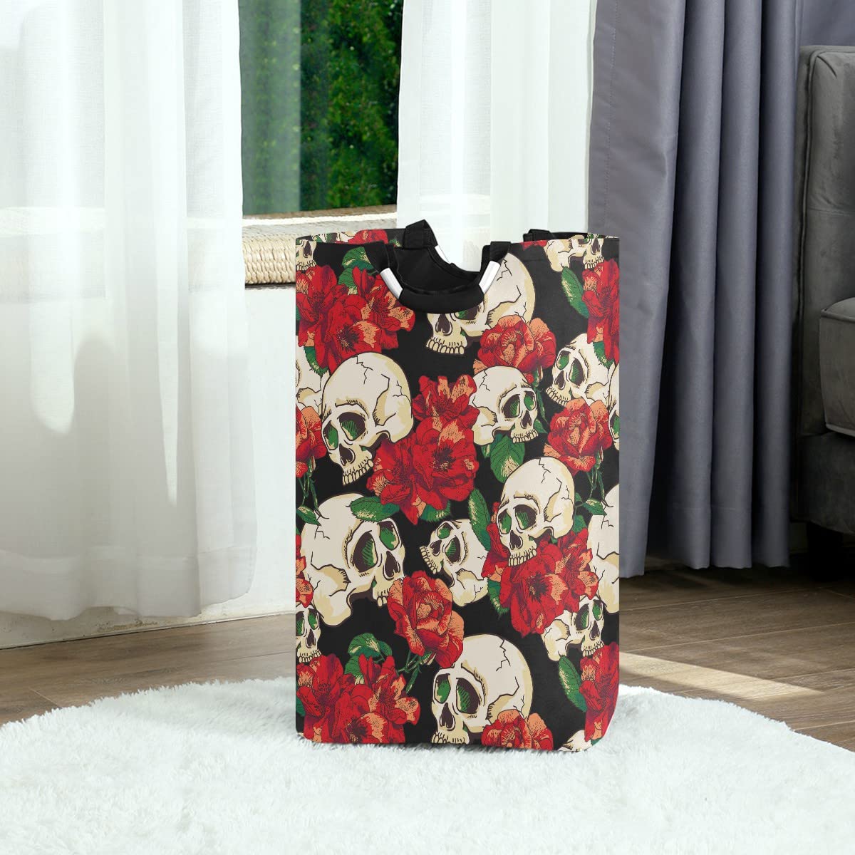 MNSRUU Foldable Laundry Bag with Handles - Skull & Flower Design Collapsible Laundry Basket Hamper for Bathroom Storage, Laundry Room Organization - Perfect for College Dorms, Travel & Home Decor